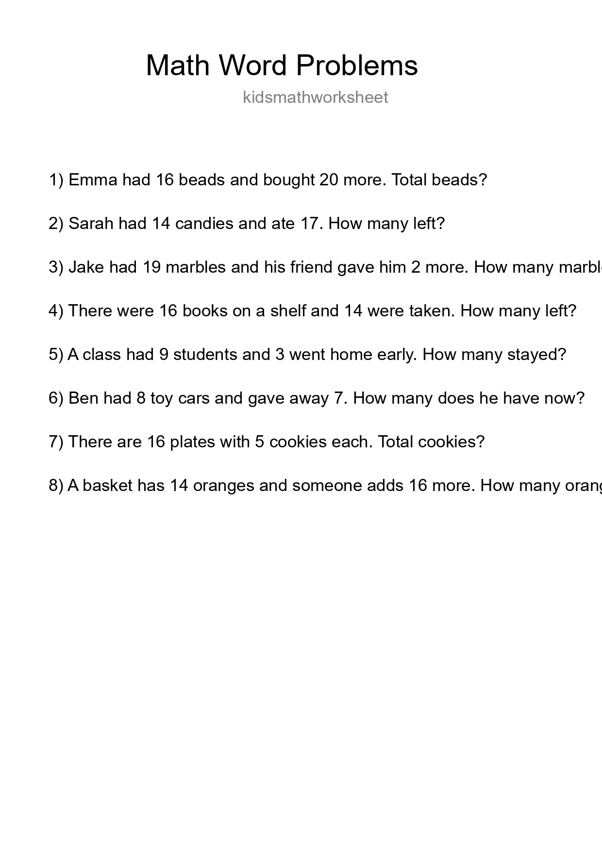 Math Word Problem Worksheet