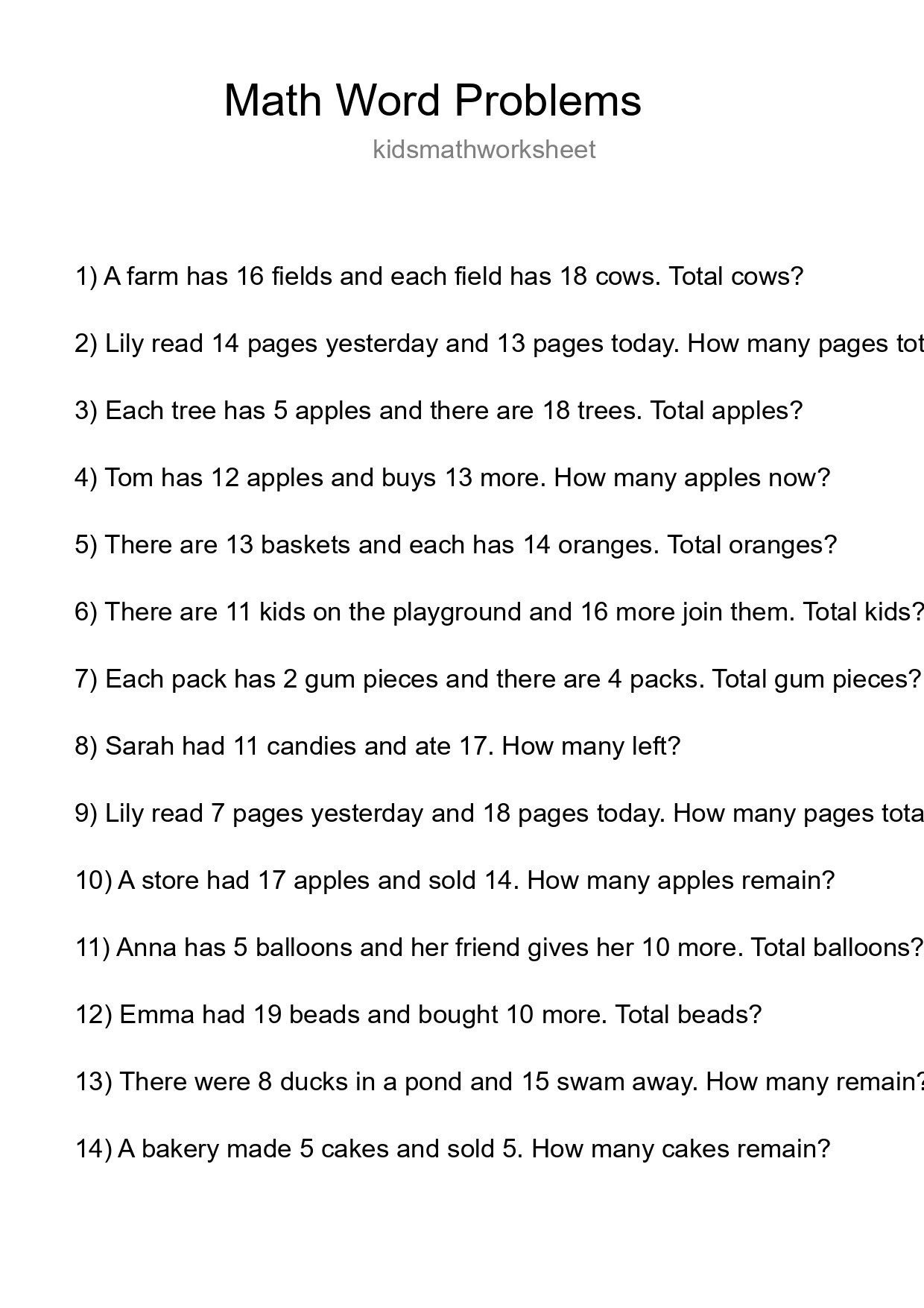 Math Word Problem Worksheet