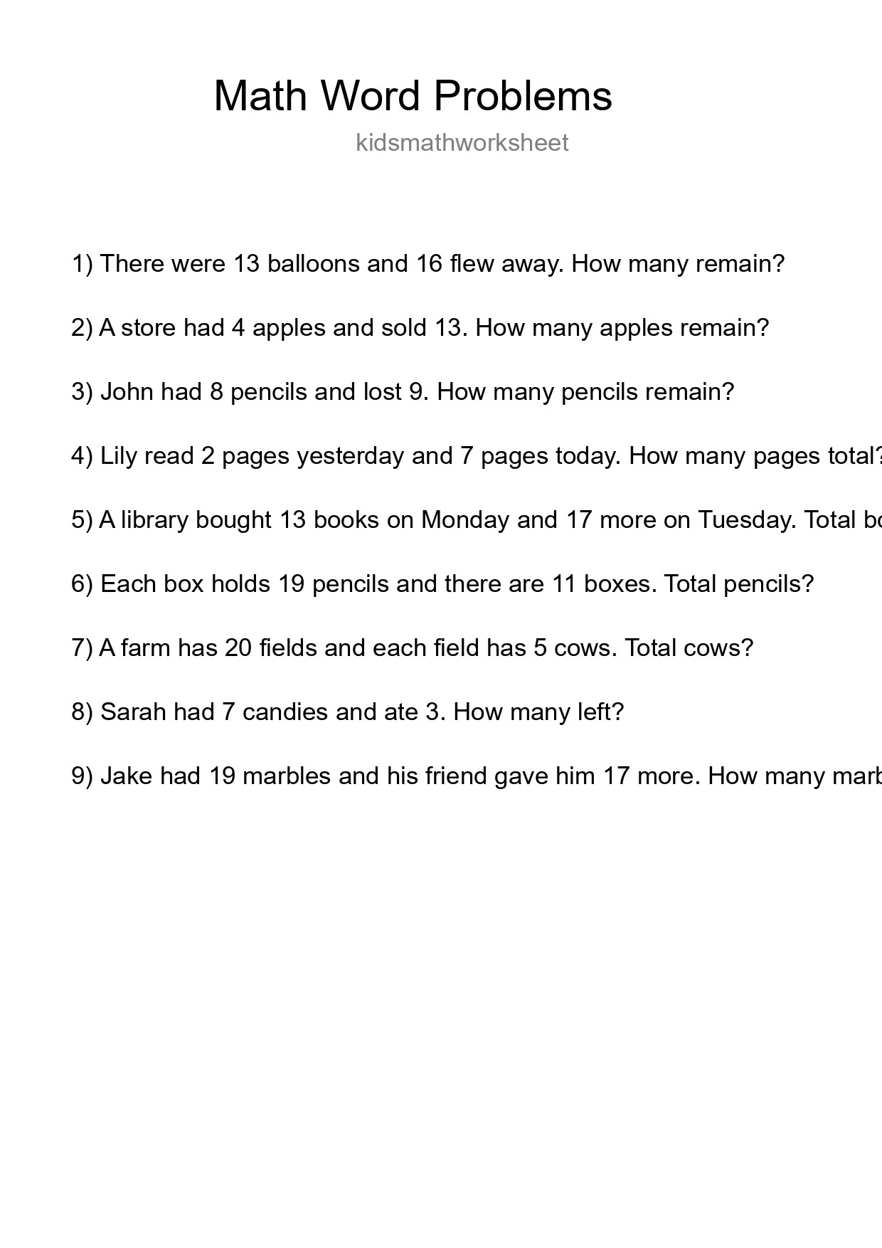Math Word Problem Worksheet