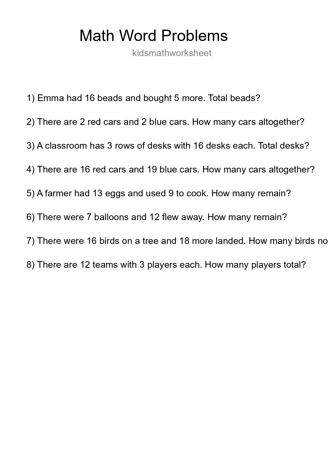 Math Word Problem Worksheet