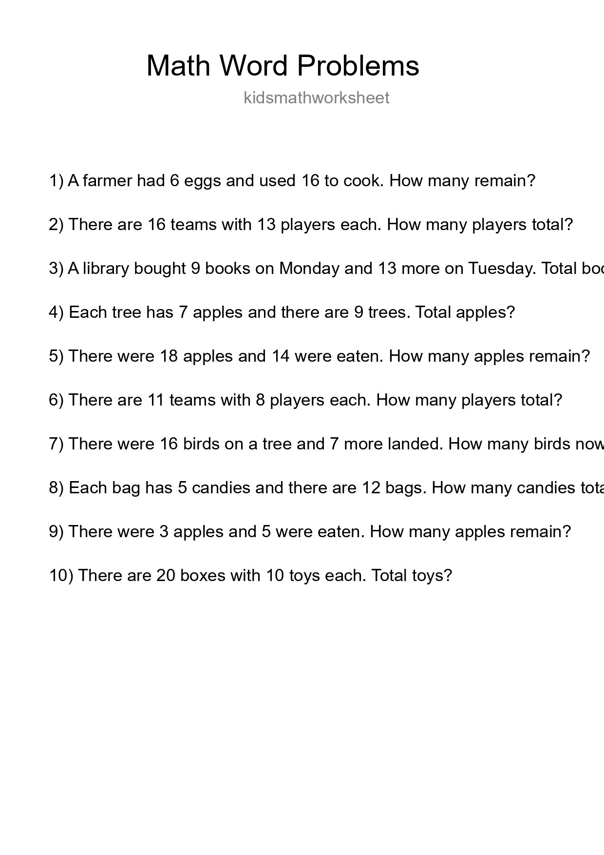 Math Word Problem Worksheet