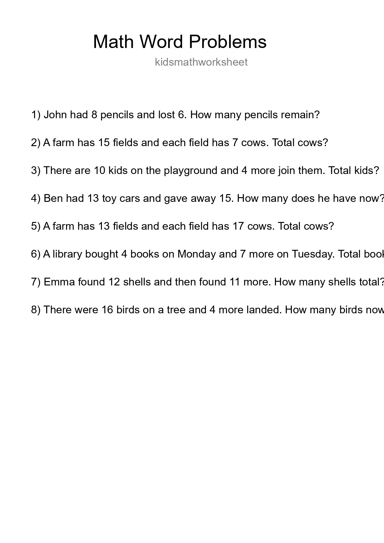 Math Word Problem Worksheet