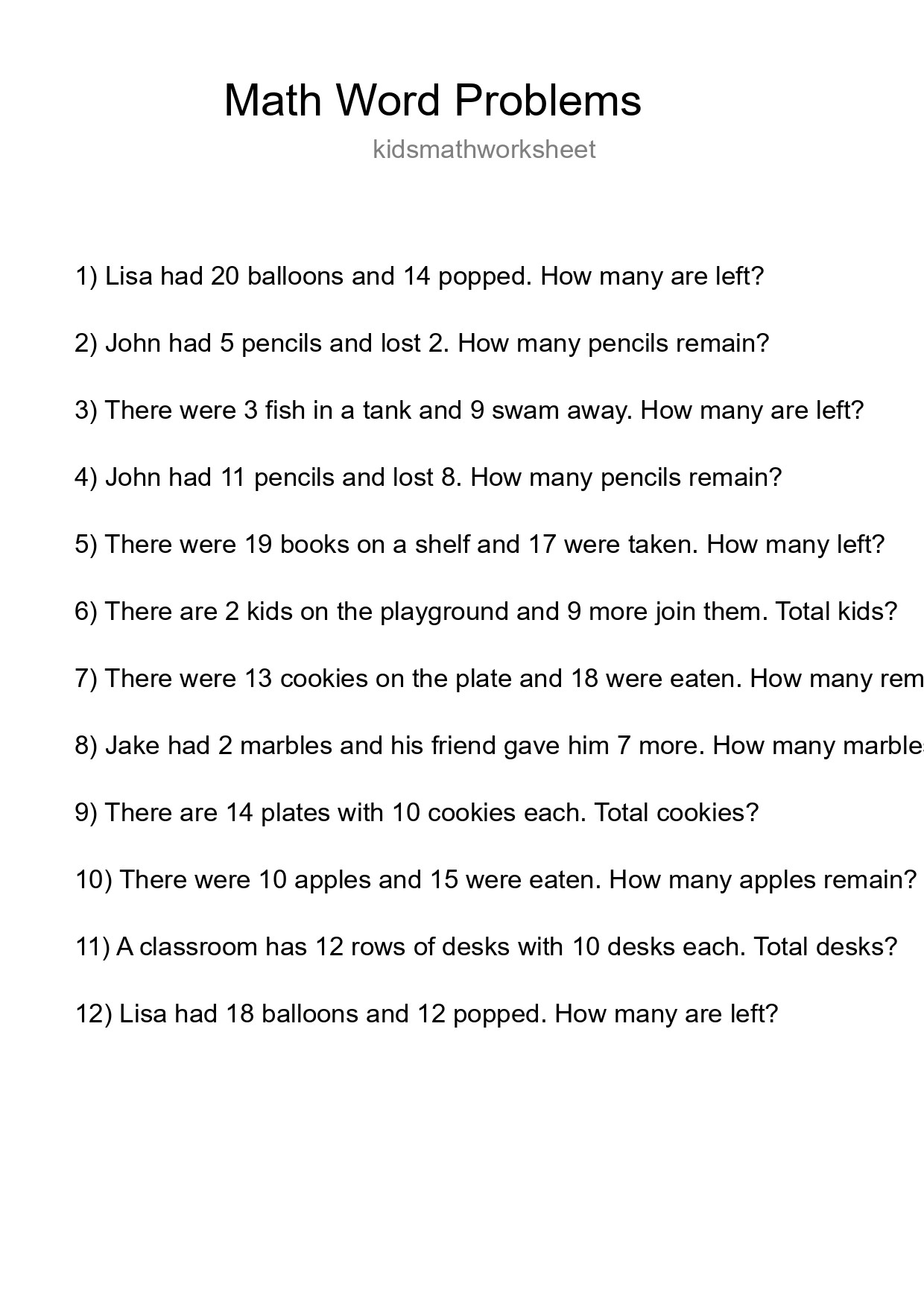 Math Word Problem Worksheet