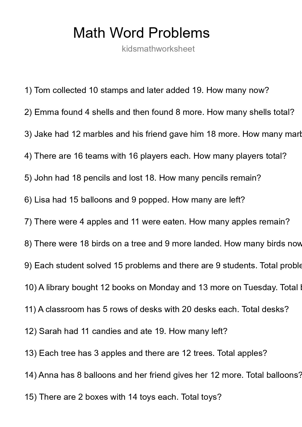 Math Word Problem Worksheet