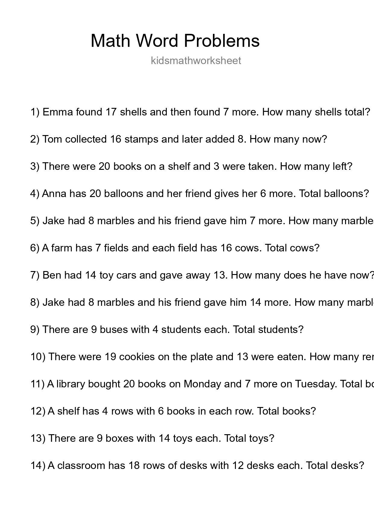 Math Word Problem Worksheet