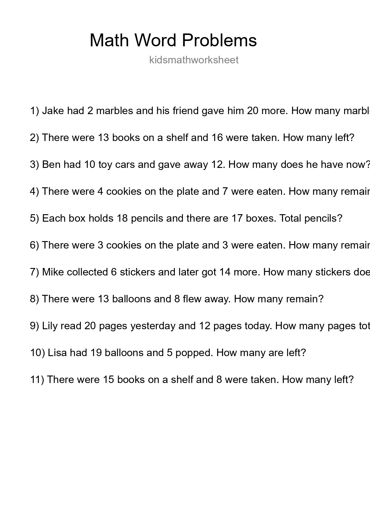 Math Word Problem Worksheet