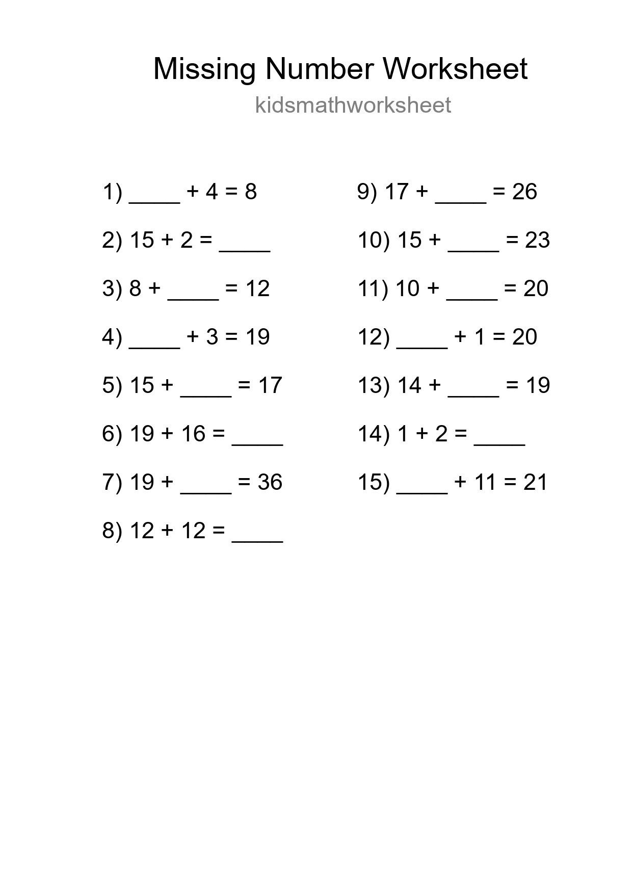 Missing Number Math Worksheet