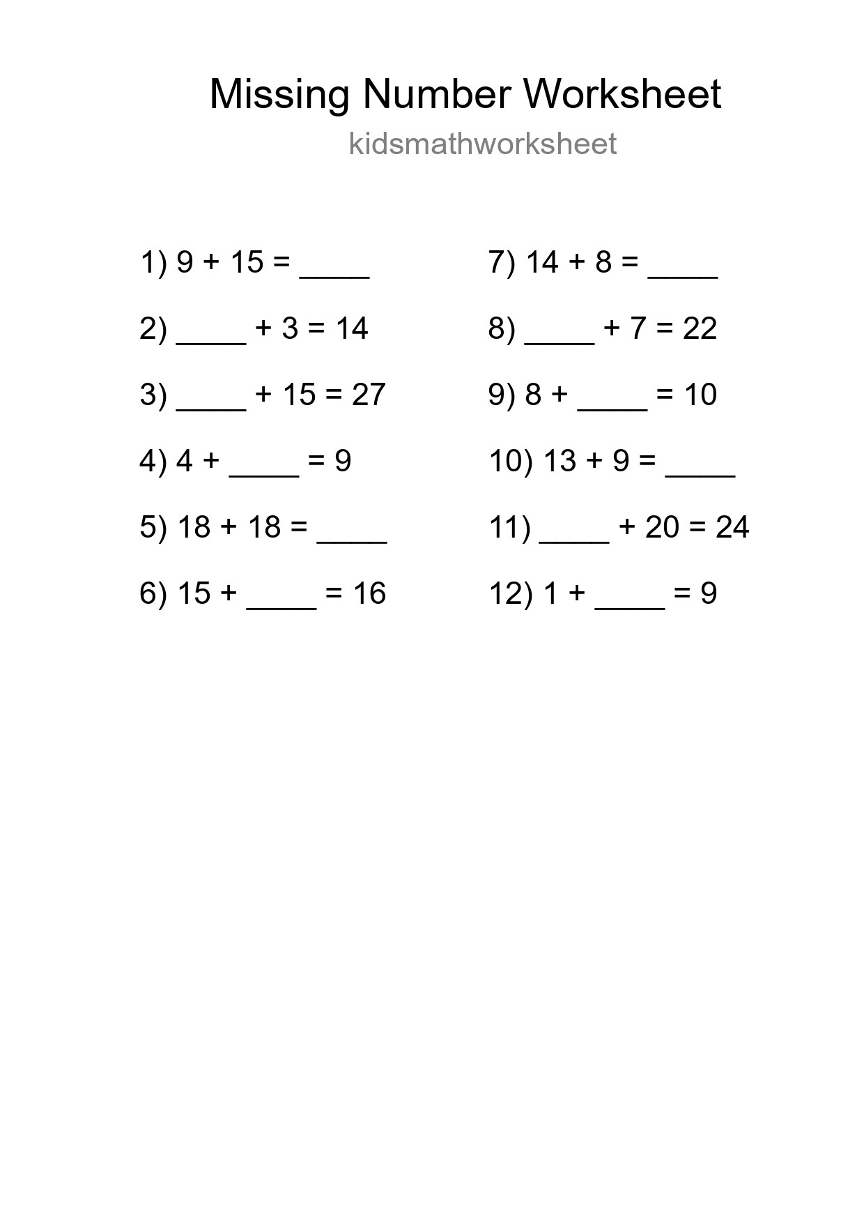 Missing Number Math Worksheet