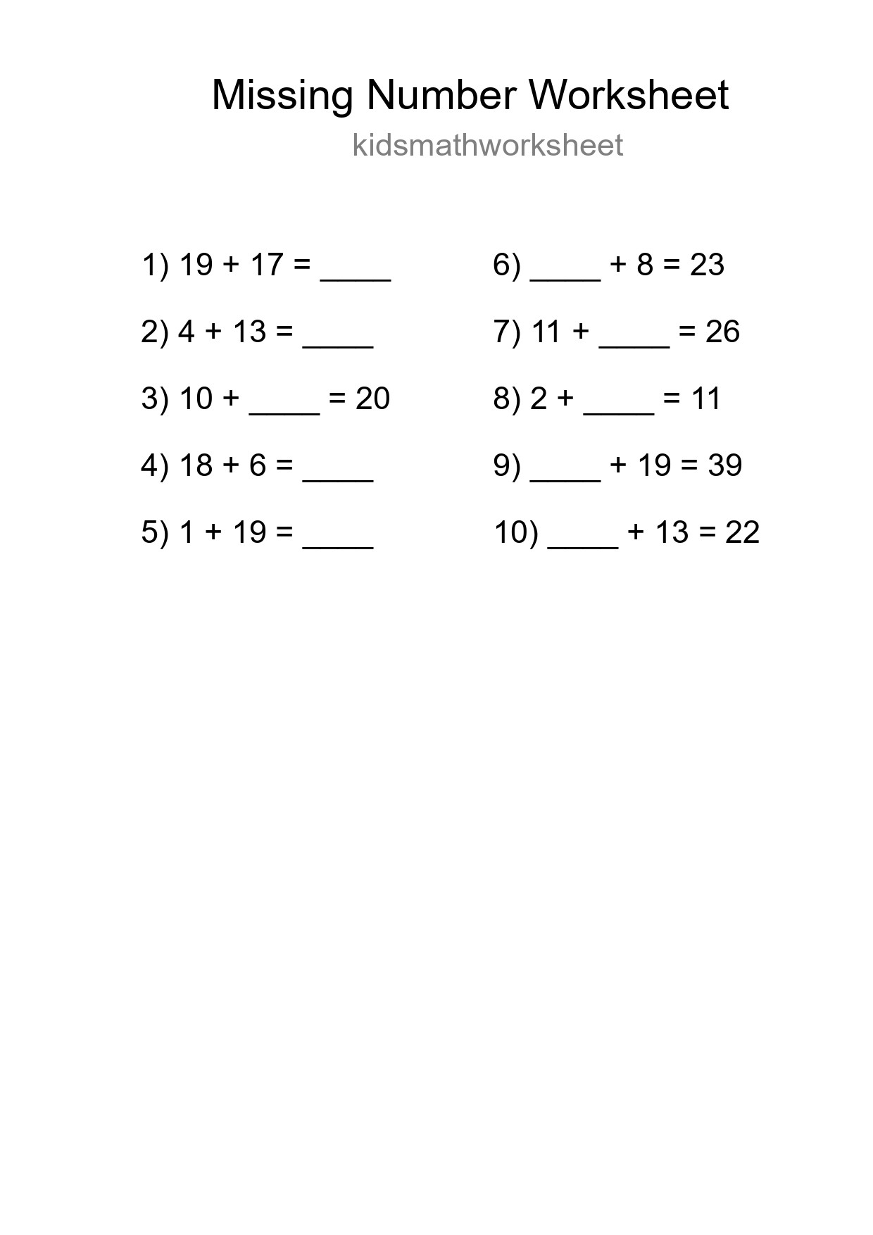 Missing Number Math Worksheet