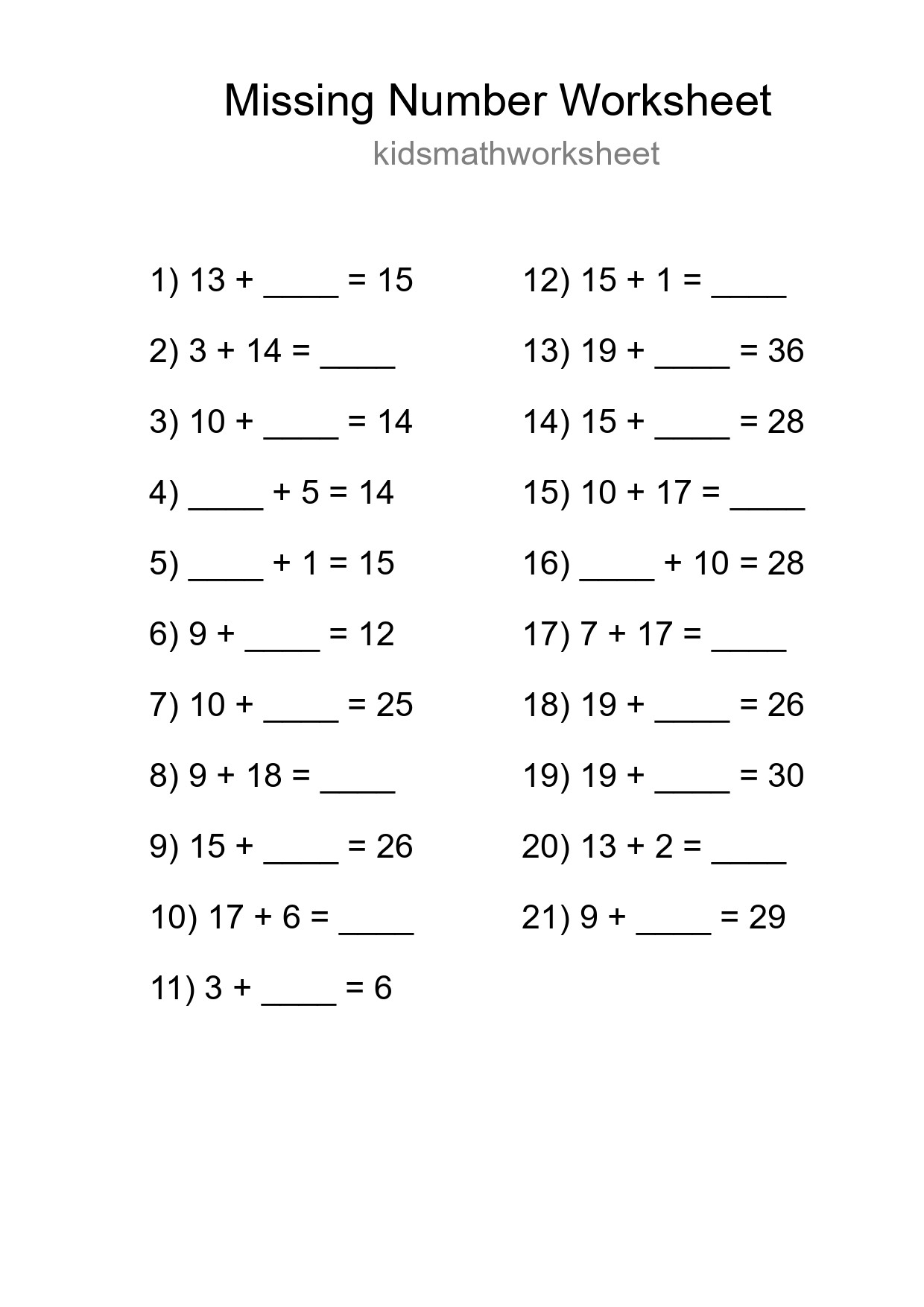 Missing Number Math Worksheet