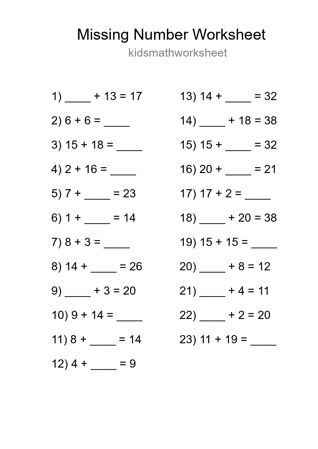 Missing Number Math Worksheet