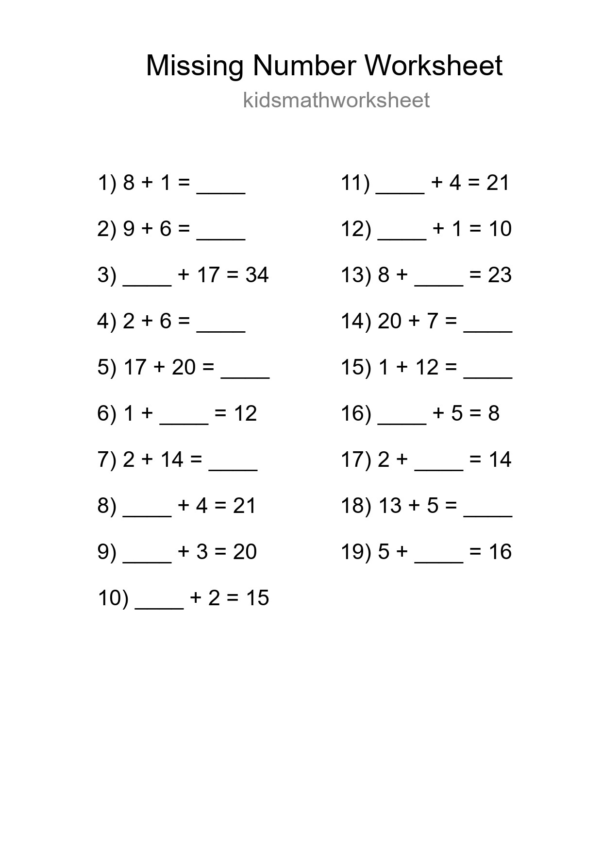 Missing Number Math Worksheet