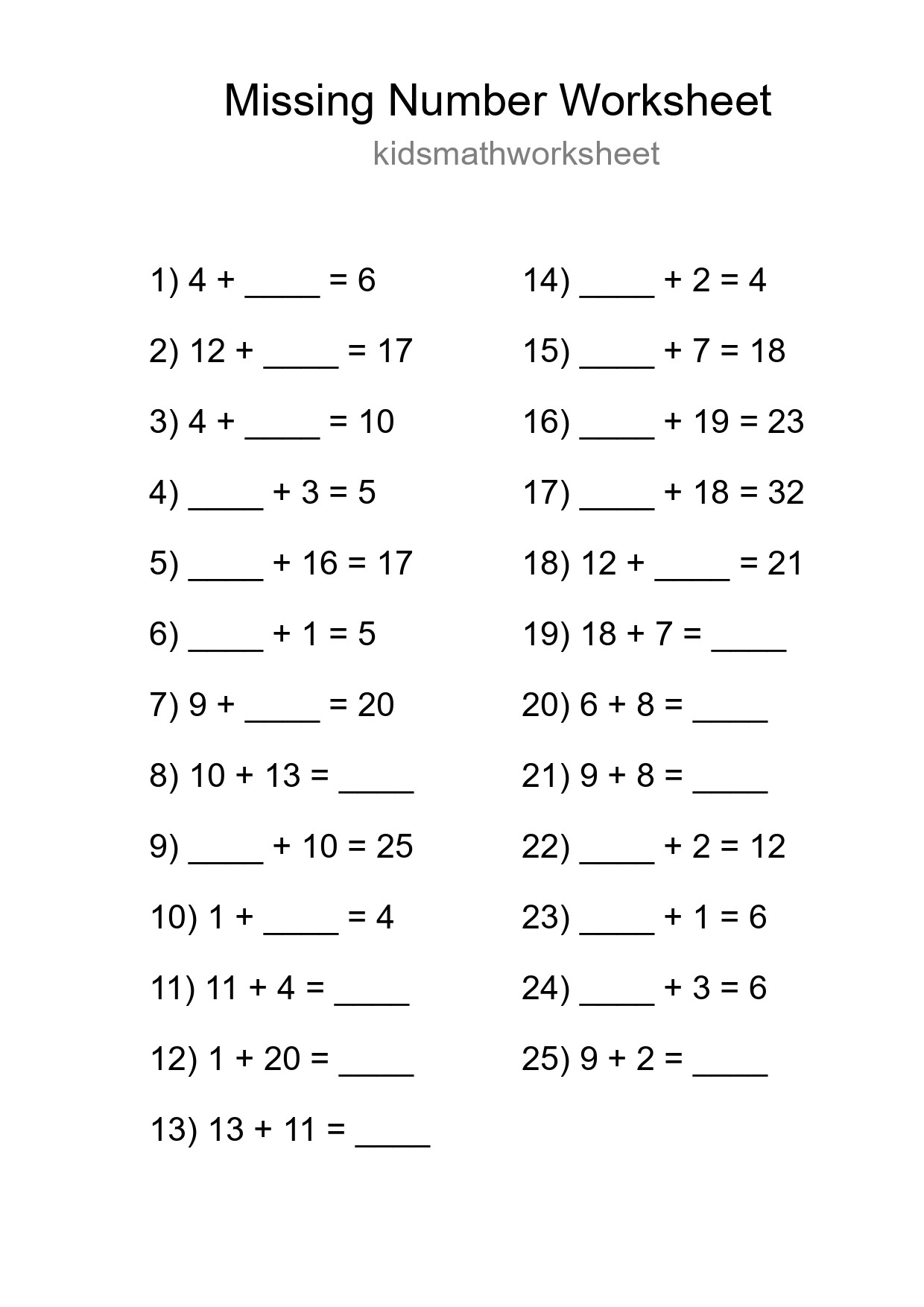 Missing Number Math Worksheet