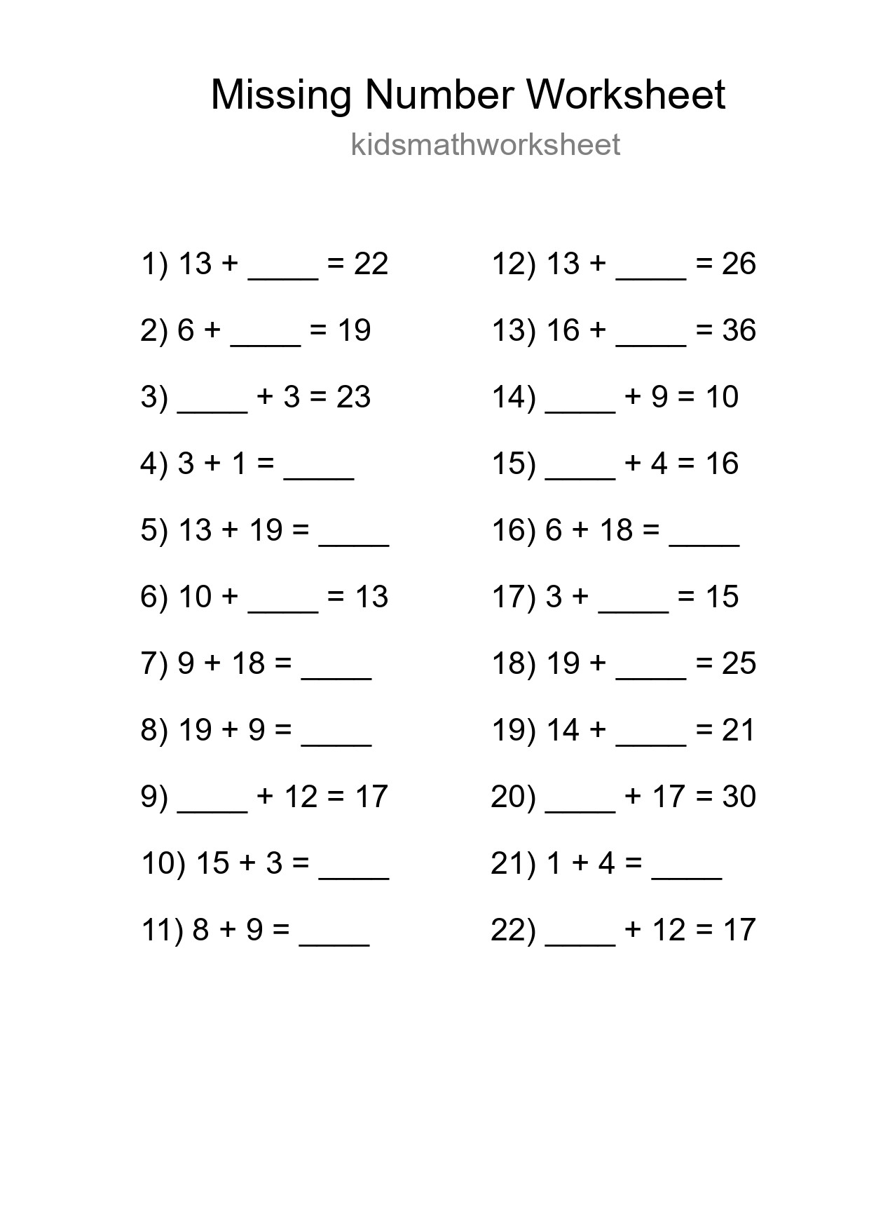 Missing Number Math Worksheet