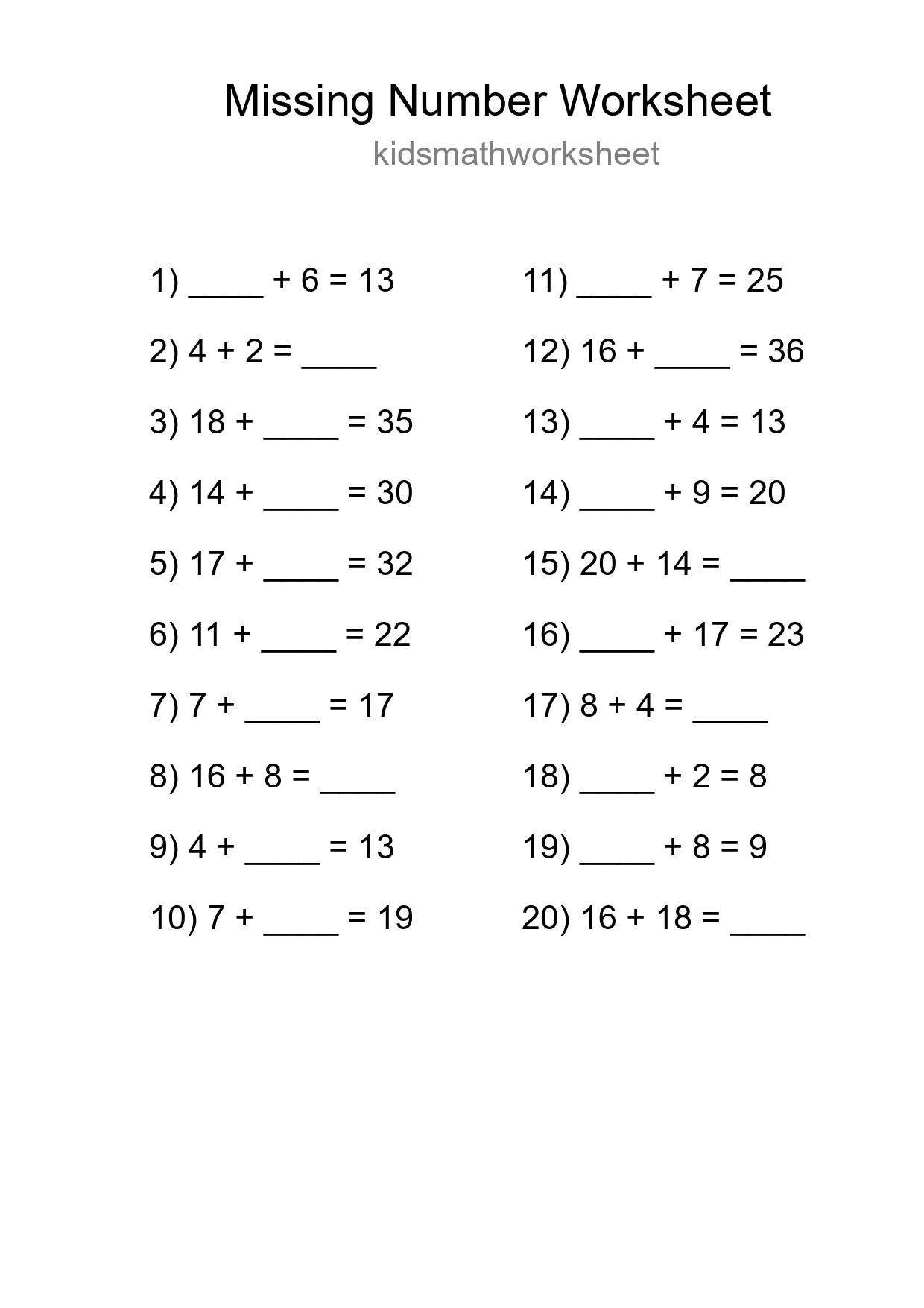 Missing Number Math Worksheet