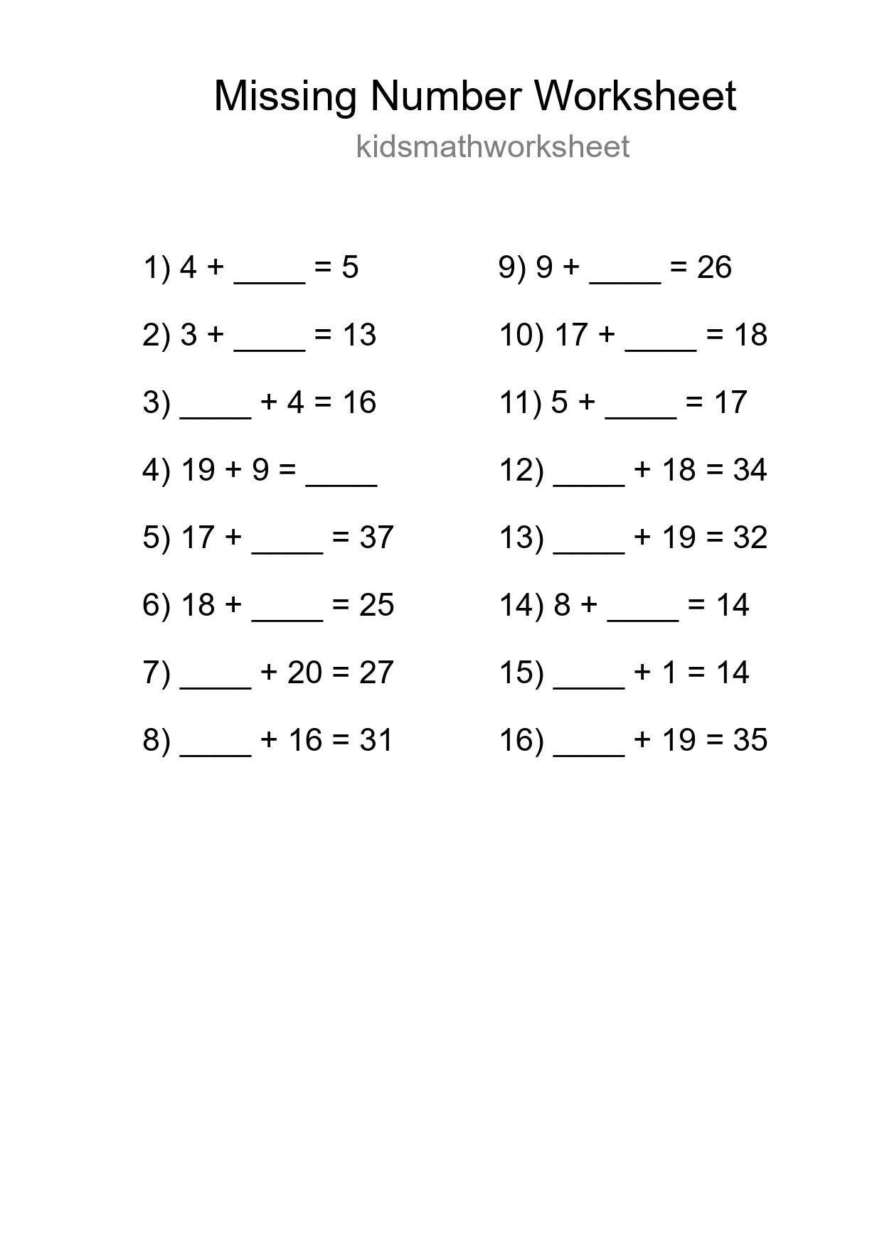 Missing Number Math Worksheet