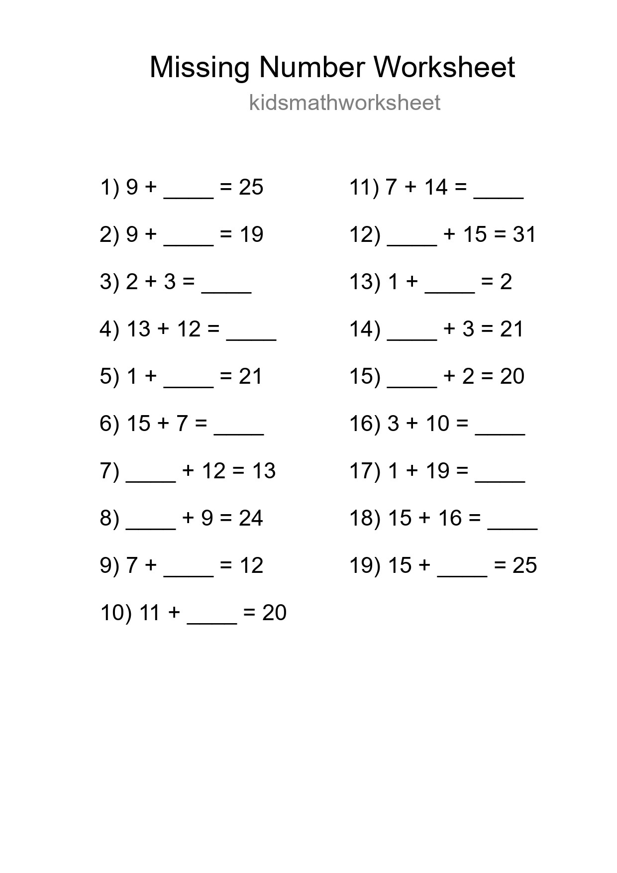 Missing Number Math Worksheet