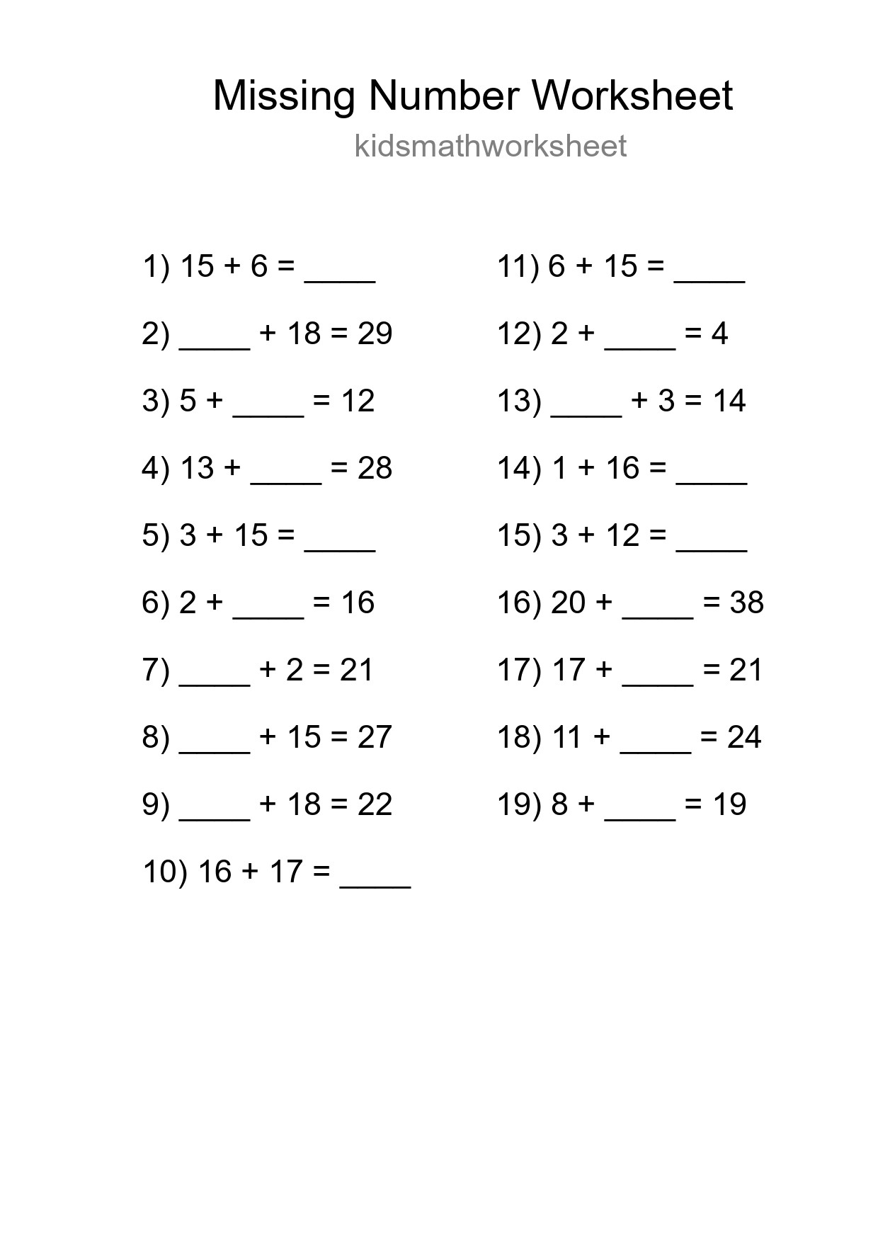 Missing Number Math Worksheet