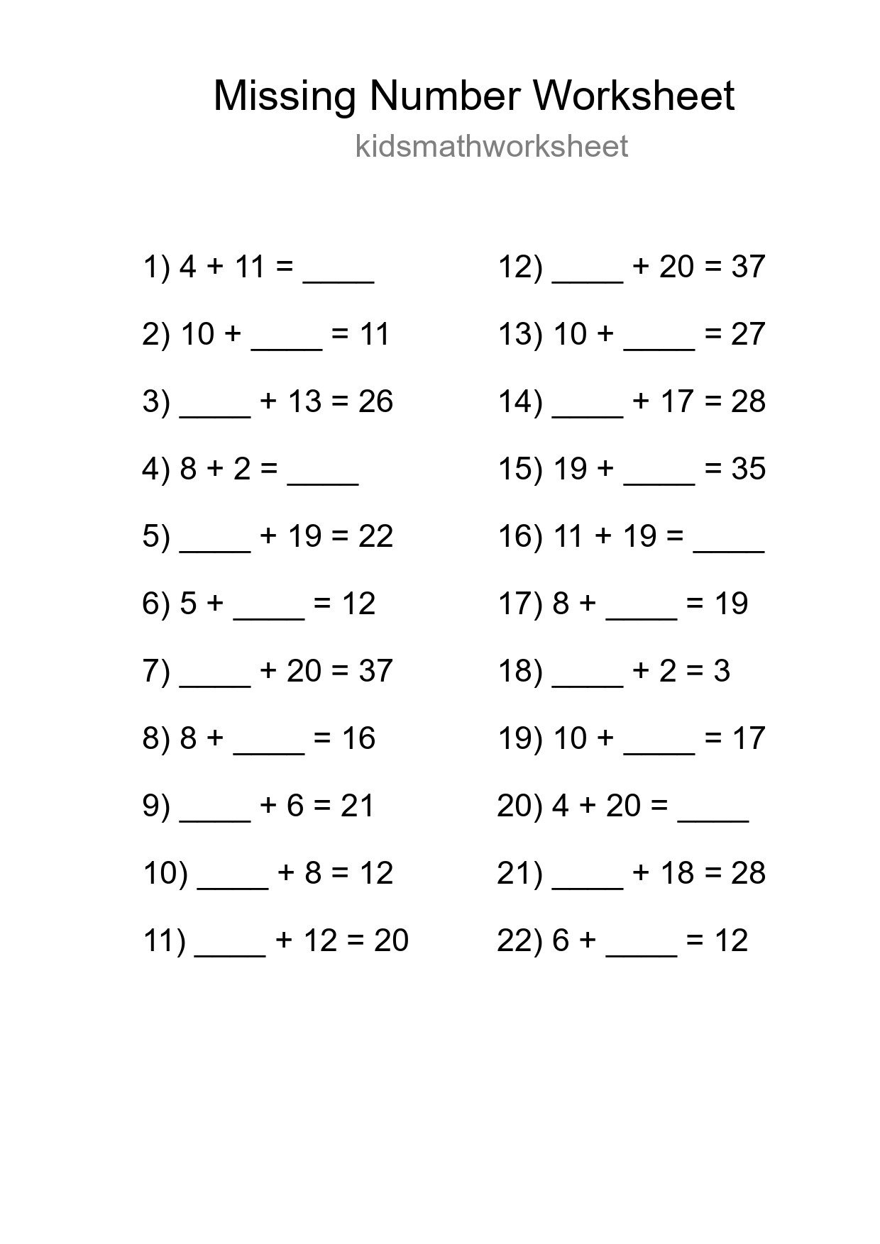 Missing Number Math Worksheet