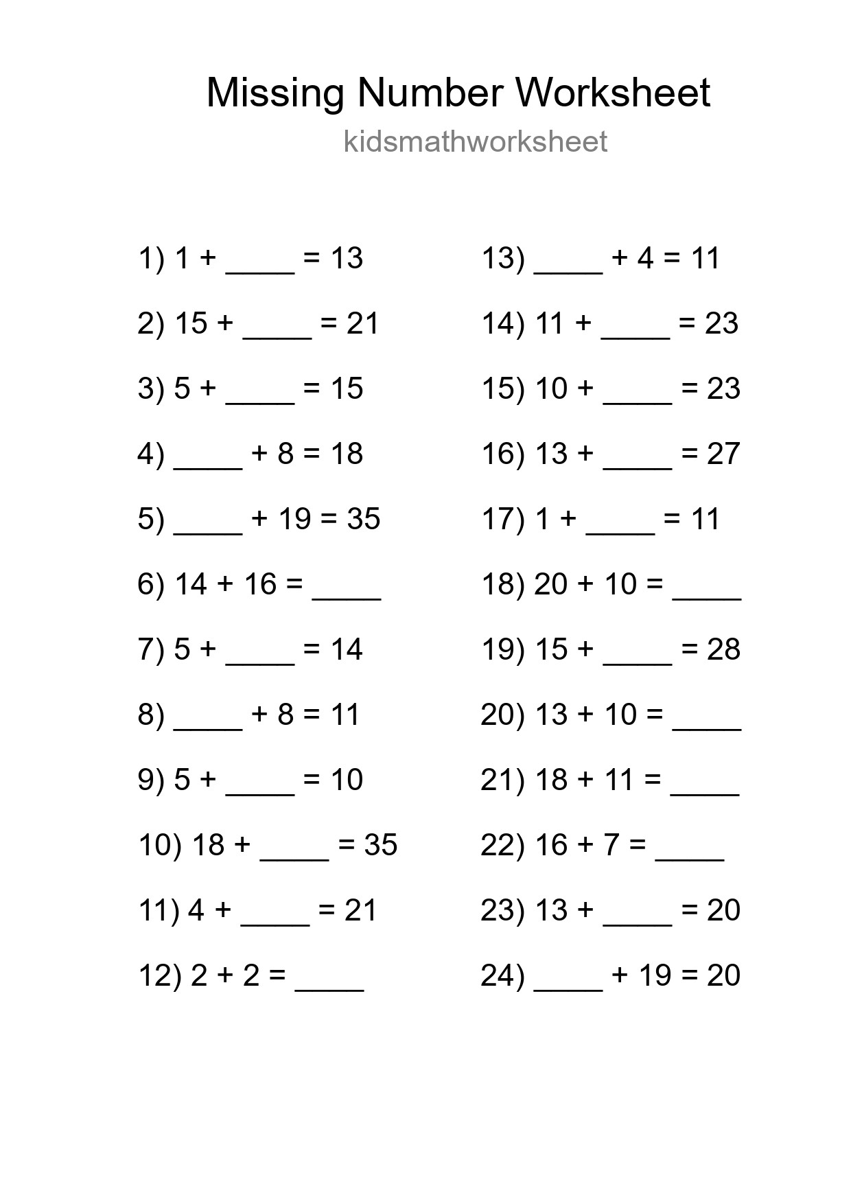 Missing Number Math Worksheet