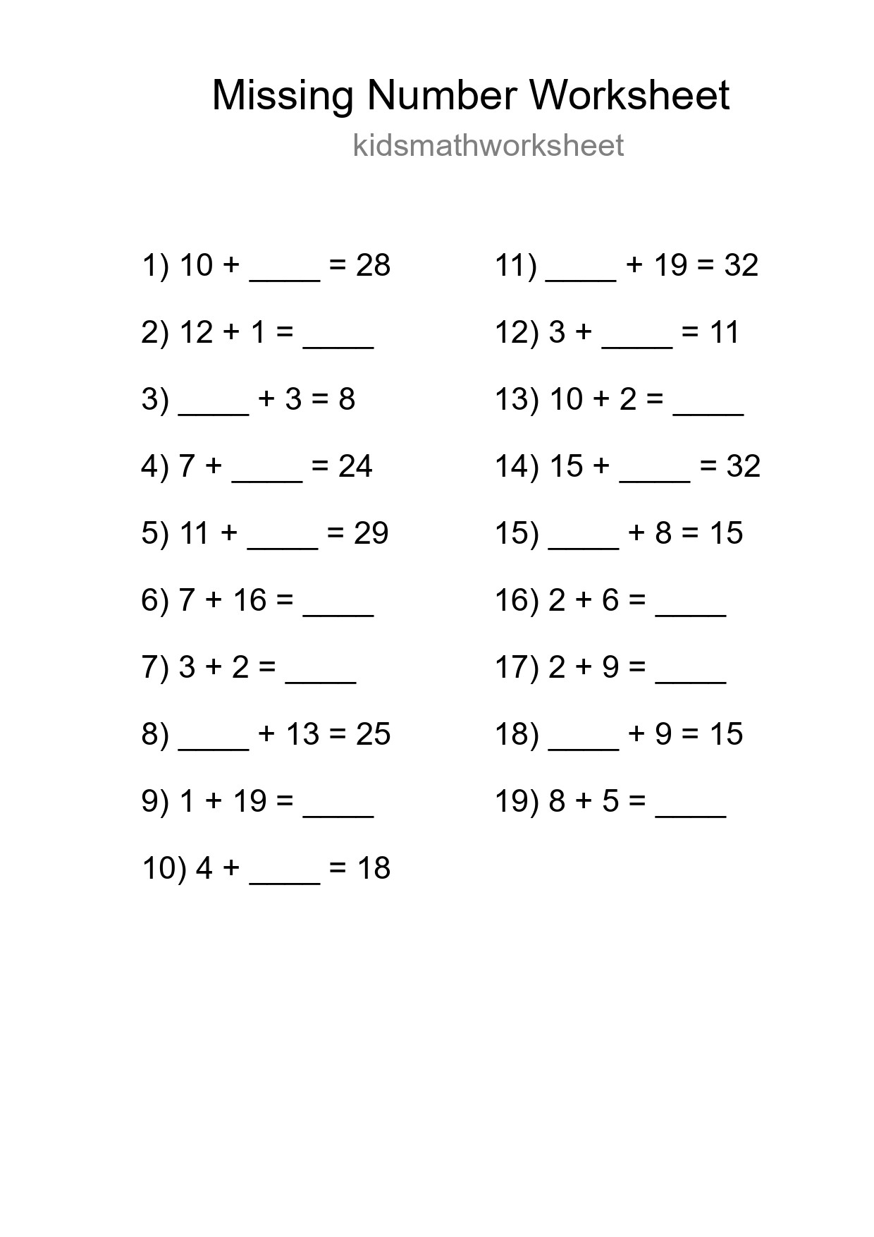 Missing Number Math Worksheet
