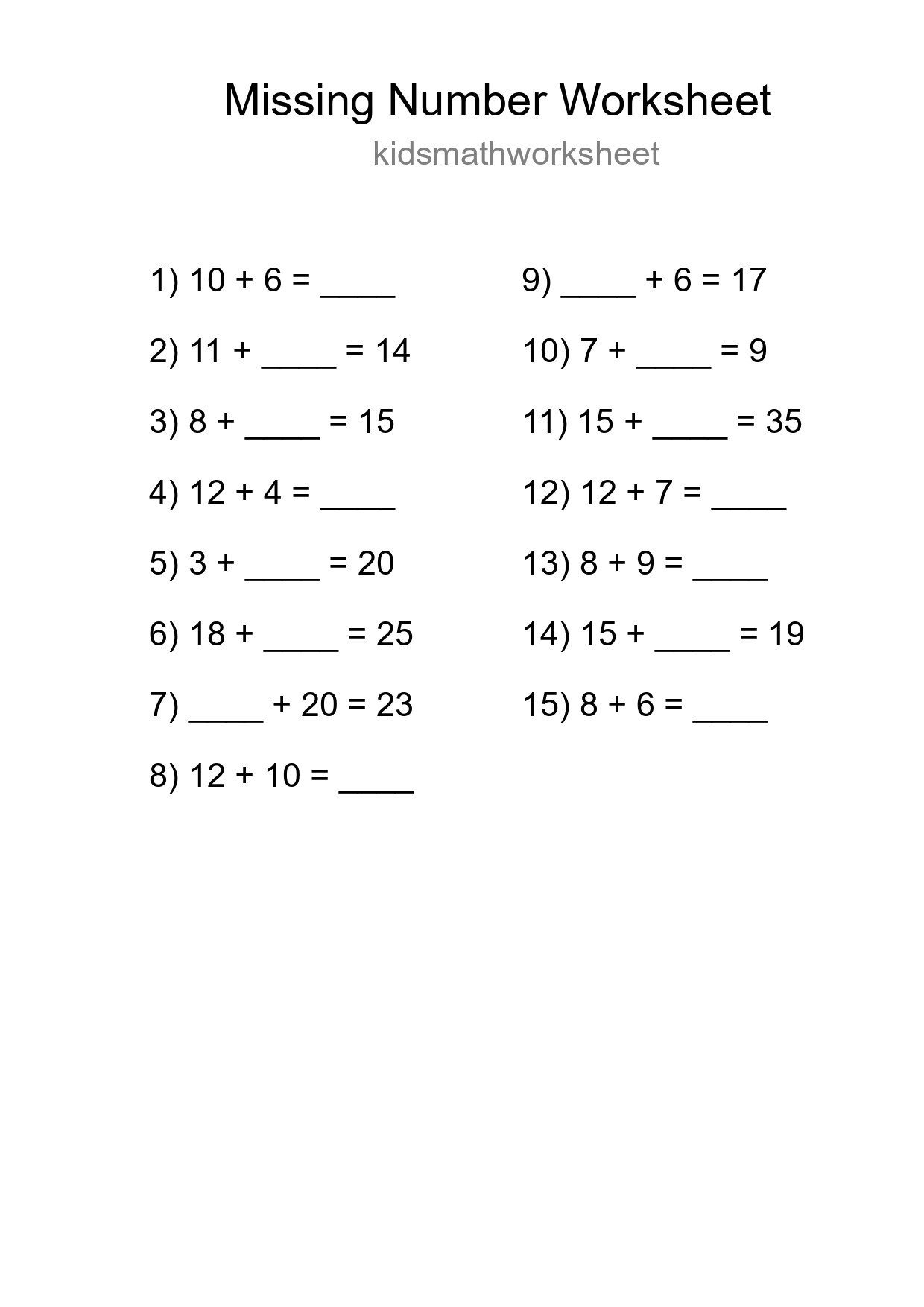 Missing Number Math Worksheet