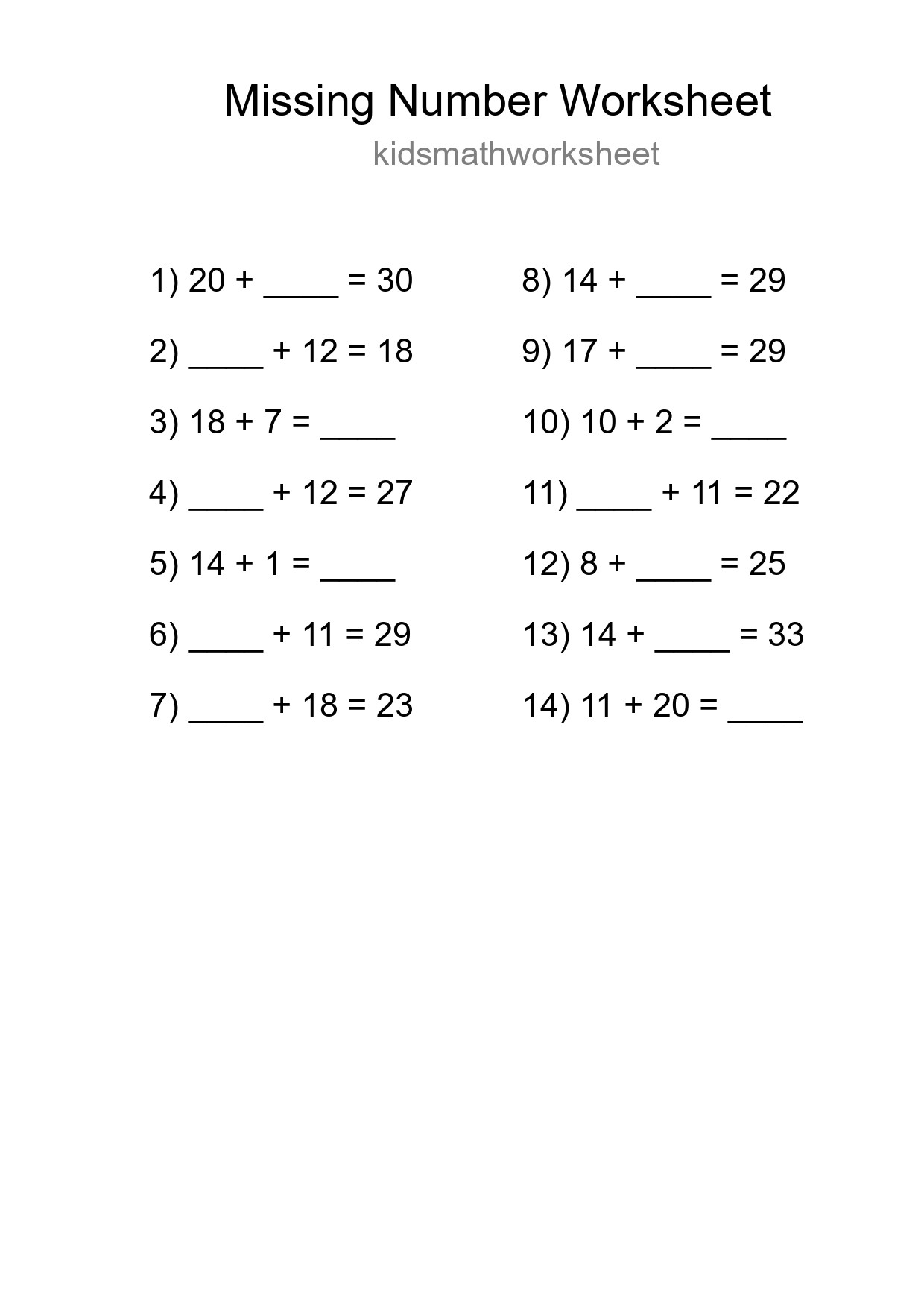 Missing Number Math Worksheet
