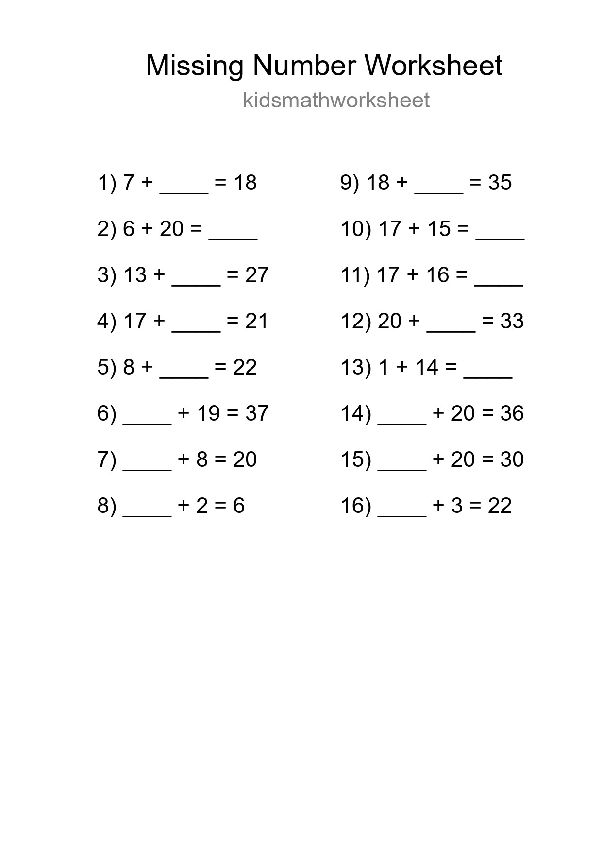 Missing Number Math Worksheet