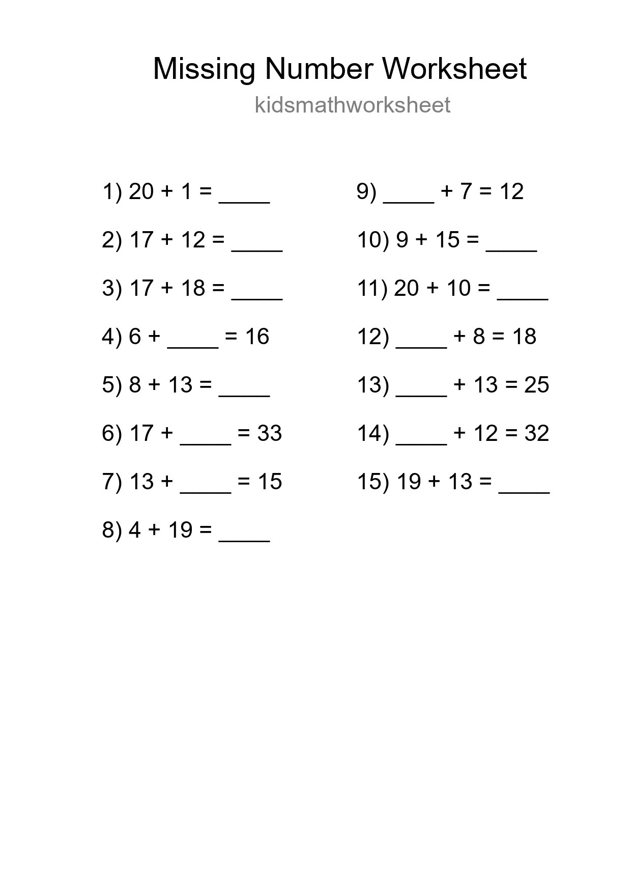 Missing Number Math Worksheet