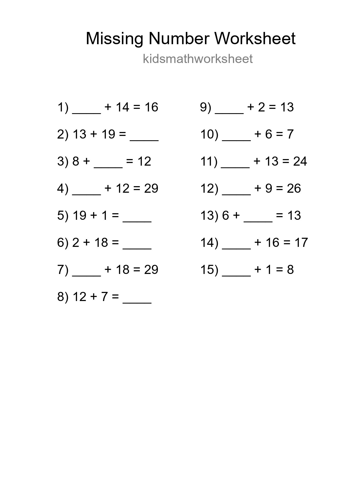 Missing Number Math Worksheet
