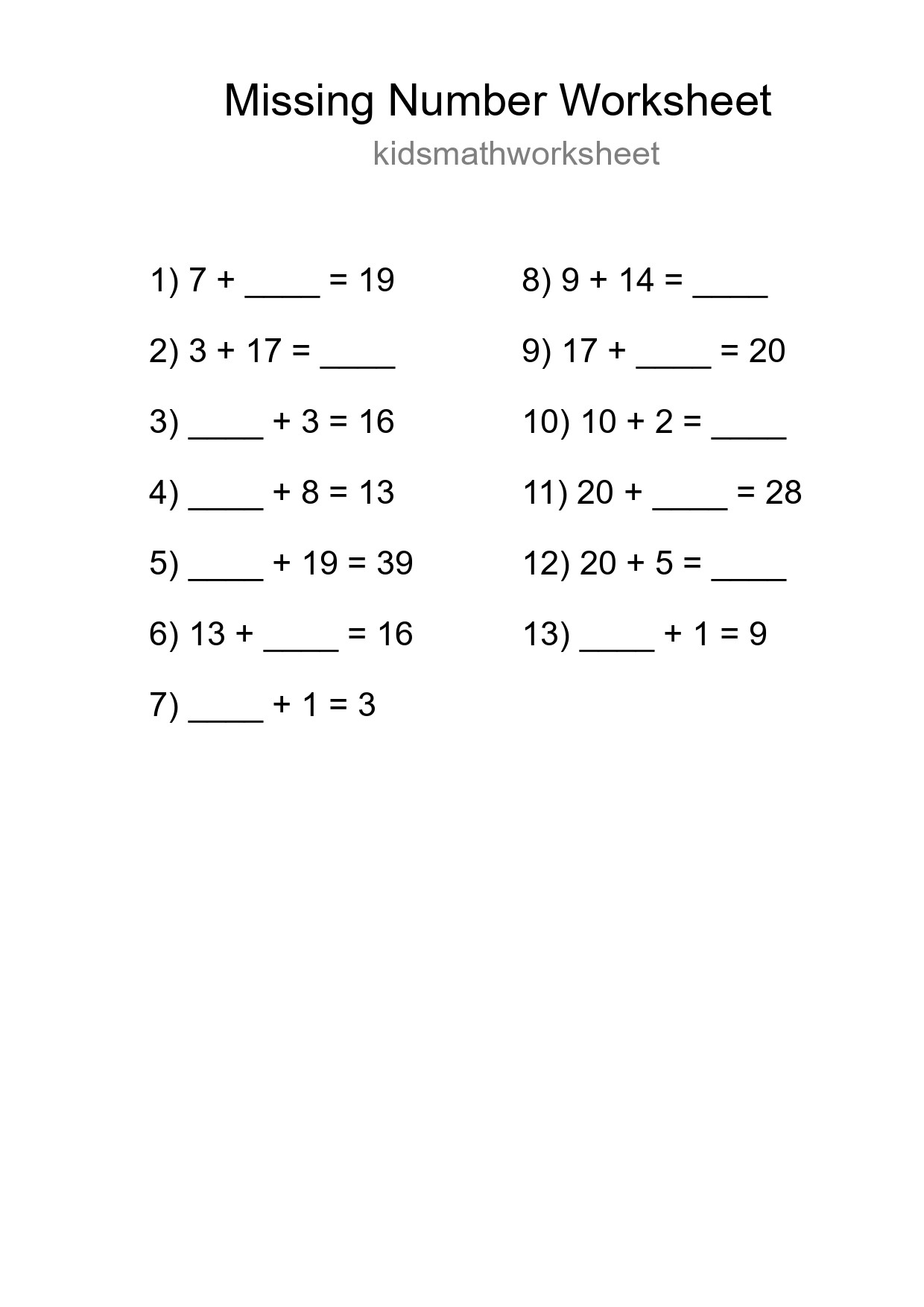 Missing Number Math Worksheet
