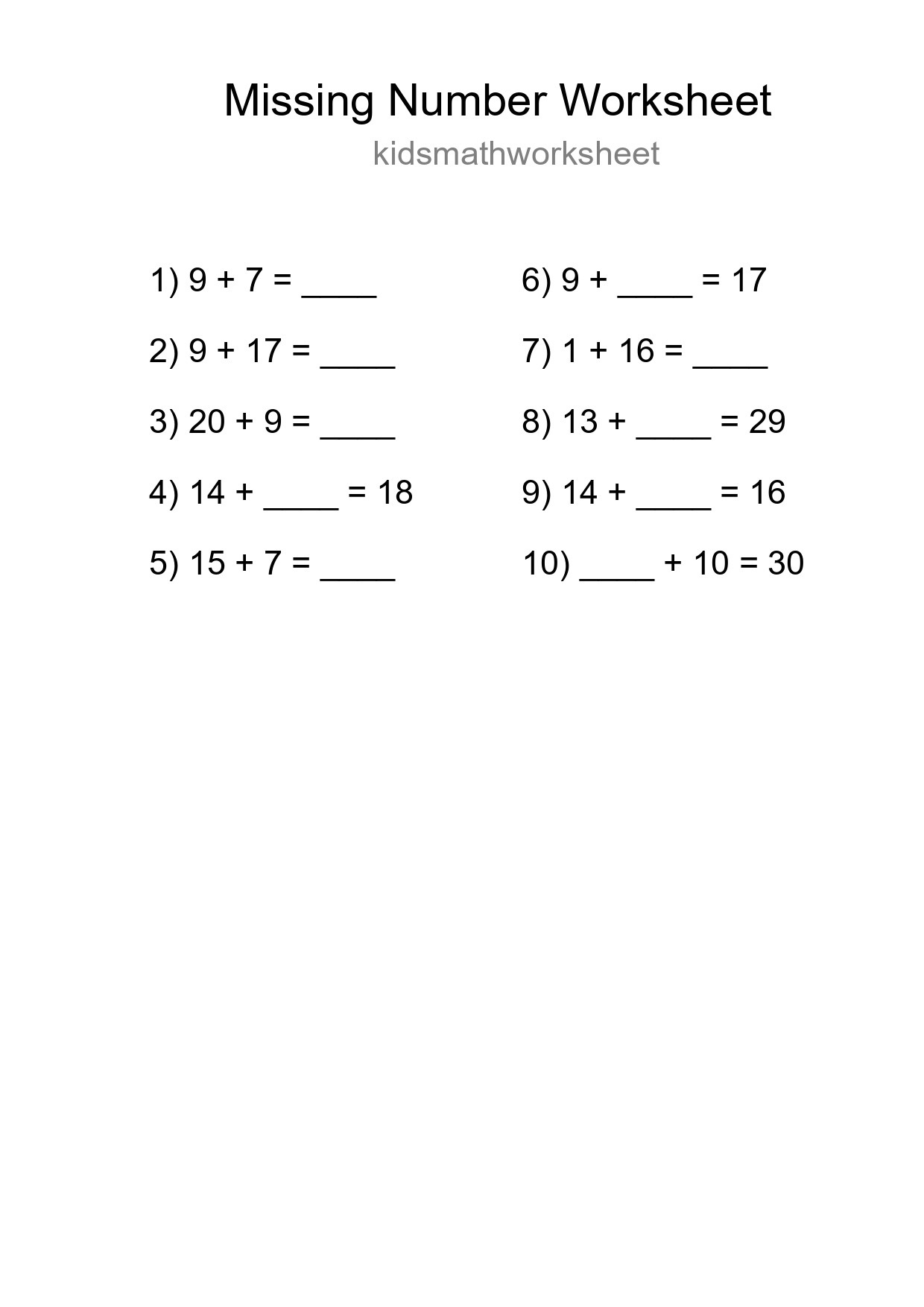 Missing Number Math Worksheet