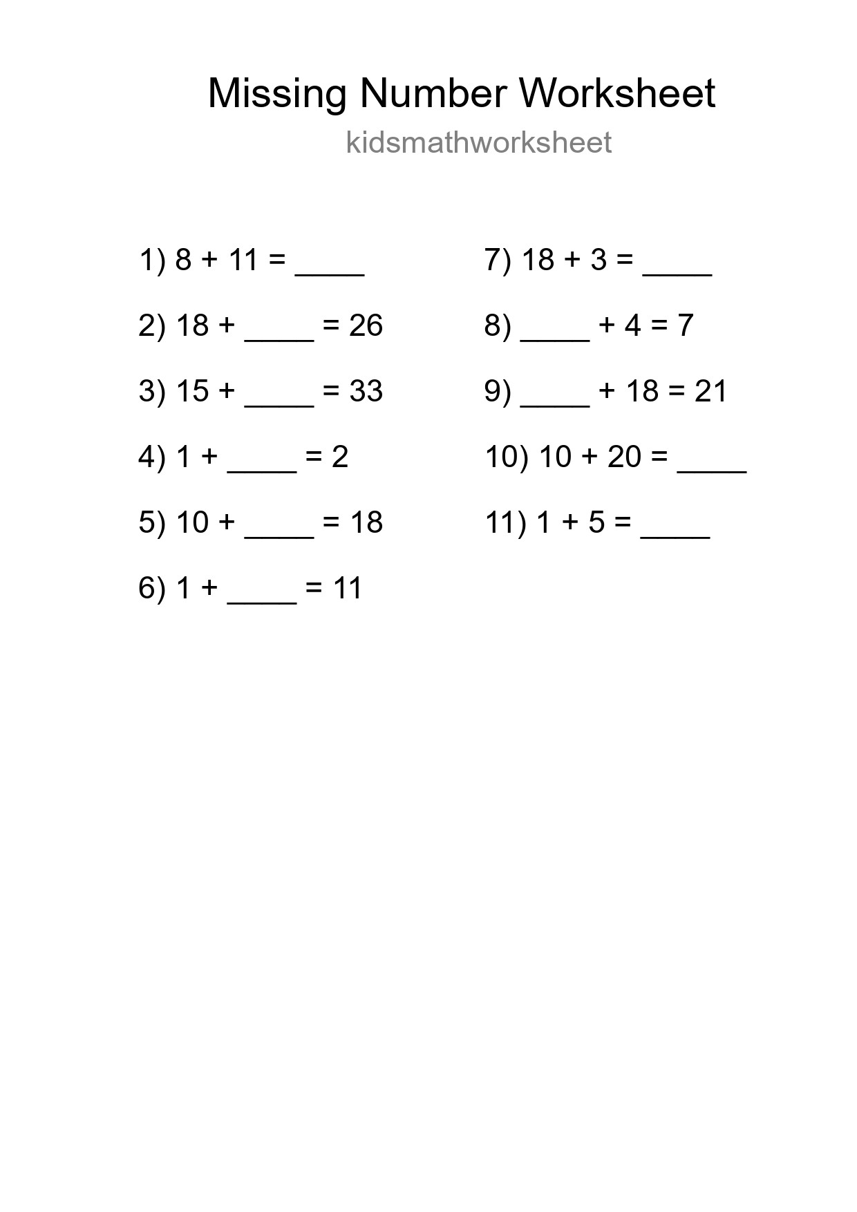 Missing Number Math Worksheet