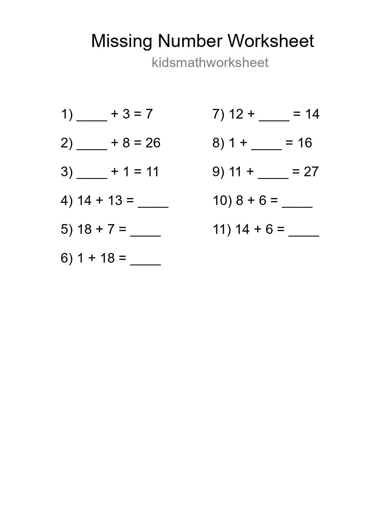 Missing Number Math Worksheet
