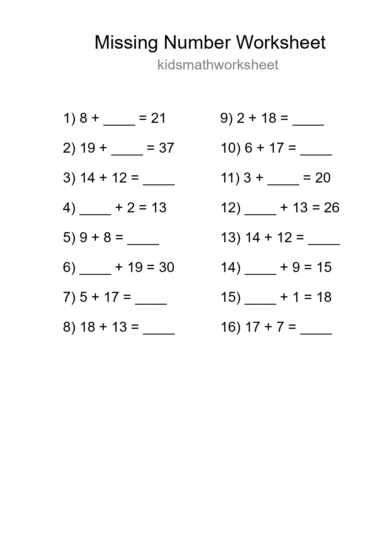 Missing Number Math Worksheet