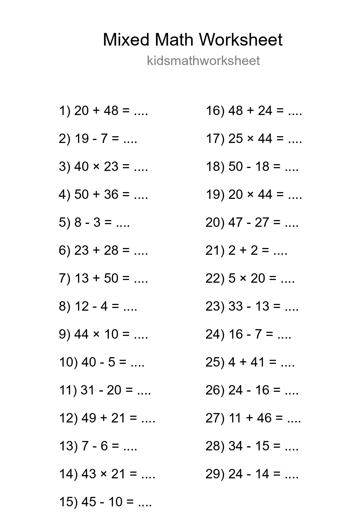 Mixed Operations Math Worksheet