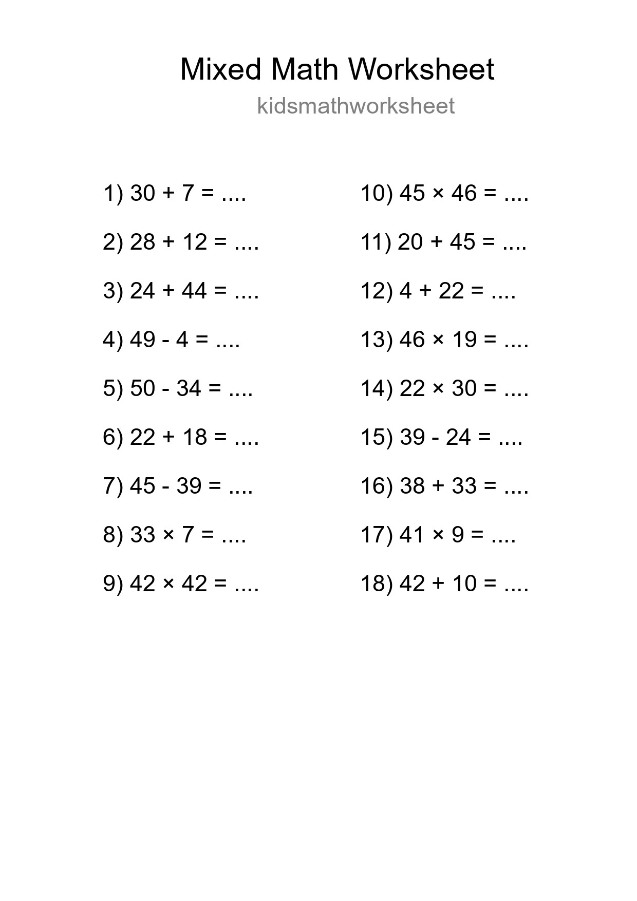 Mixed Operations Math Worksheet