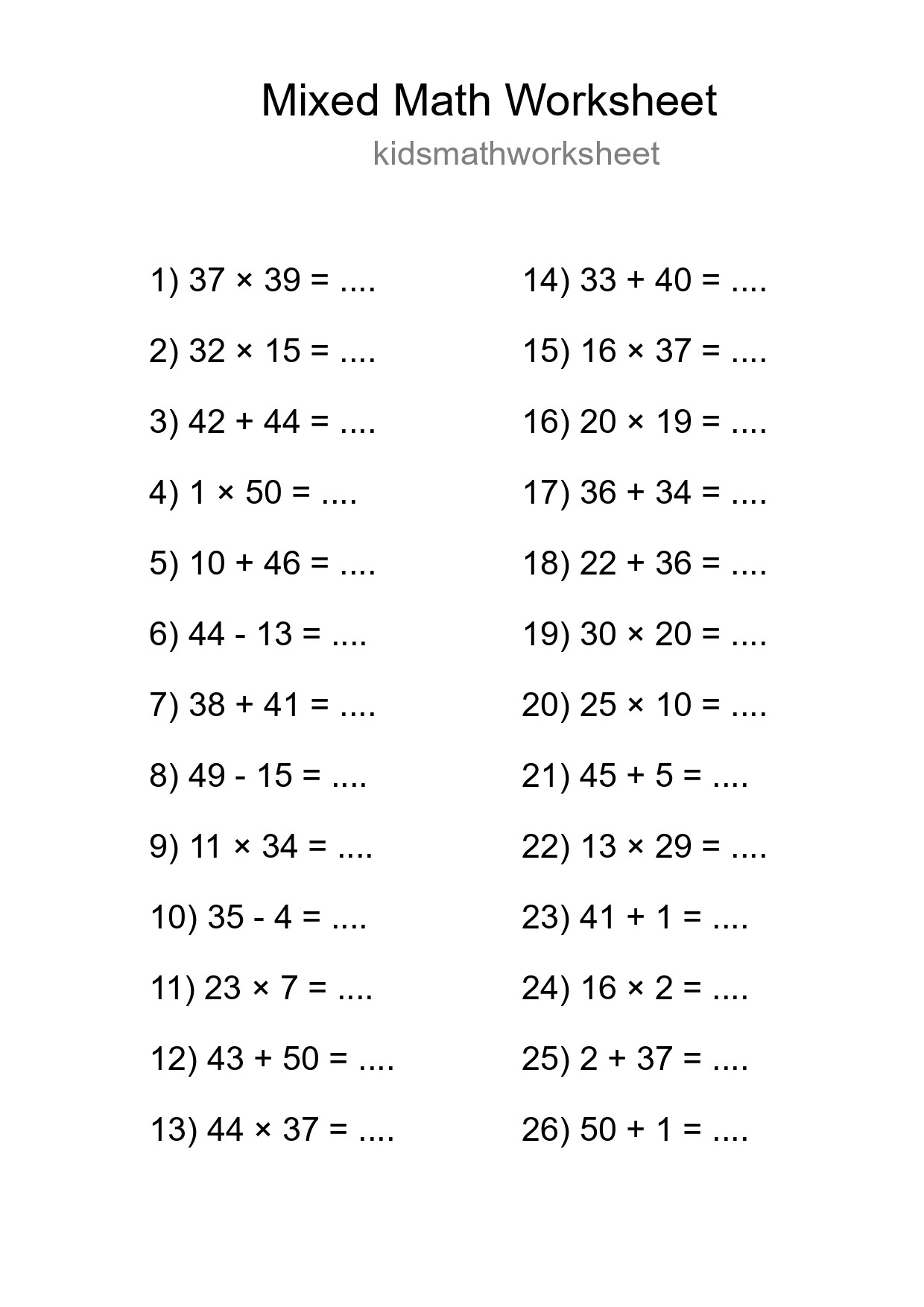 Mixed Operations Math Worksheet