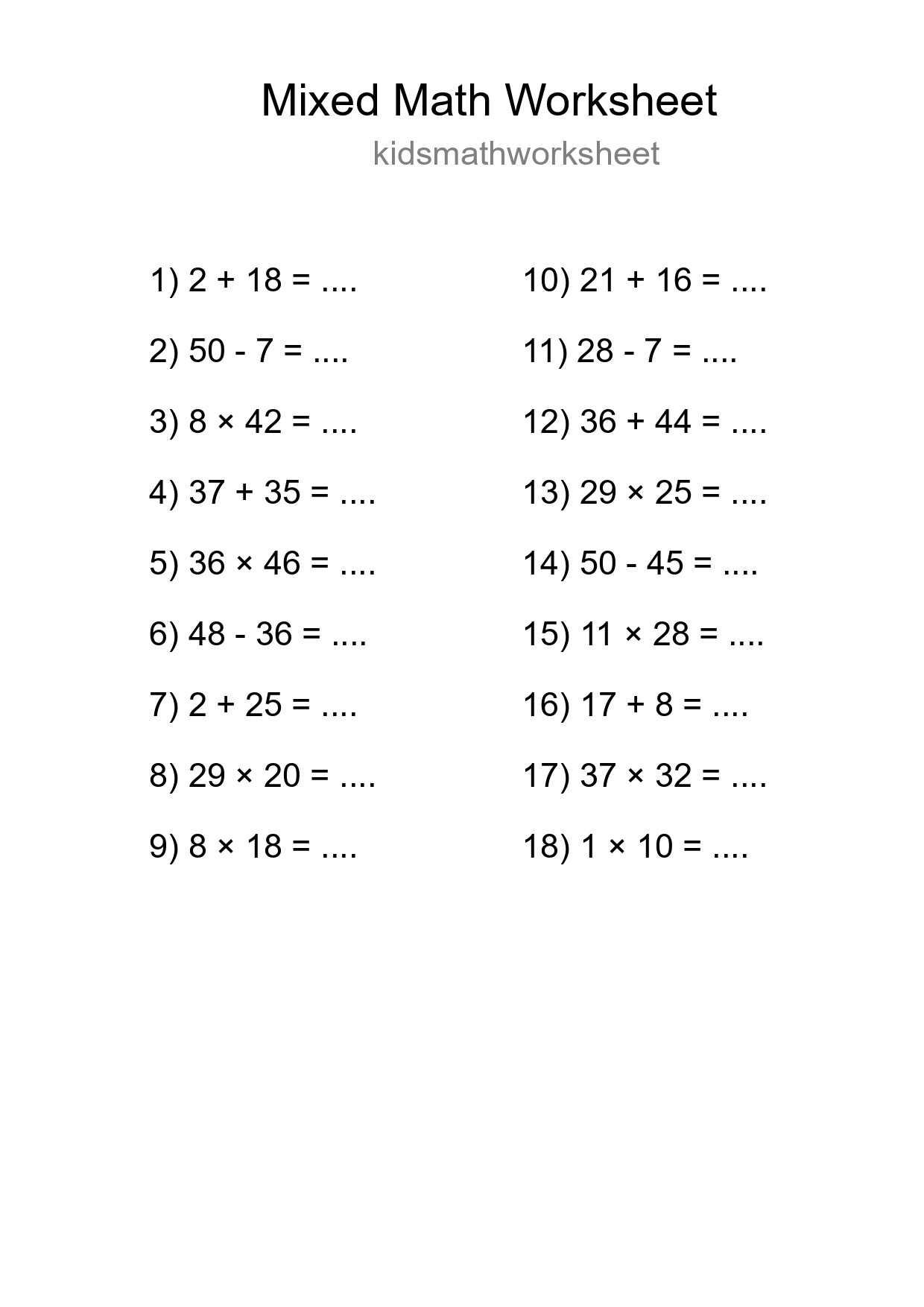 Mixed Operations Math Worksheet