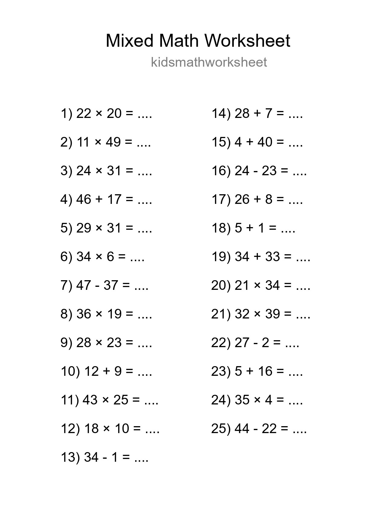 Mixed Operations Math Worksheet