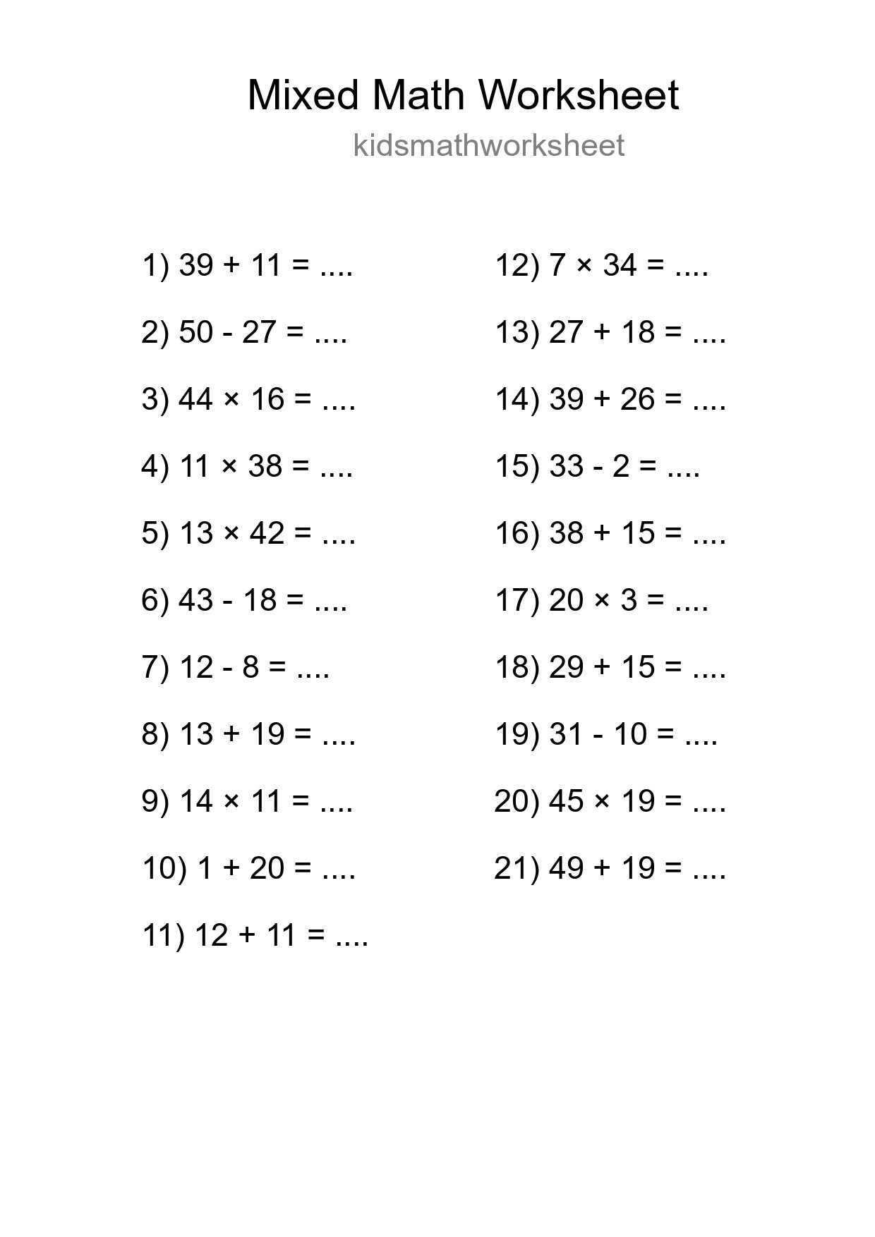 Mixed Operations Math Worksheet