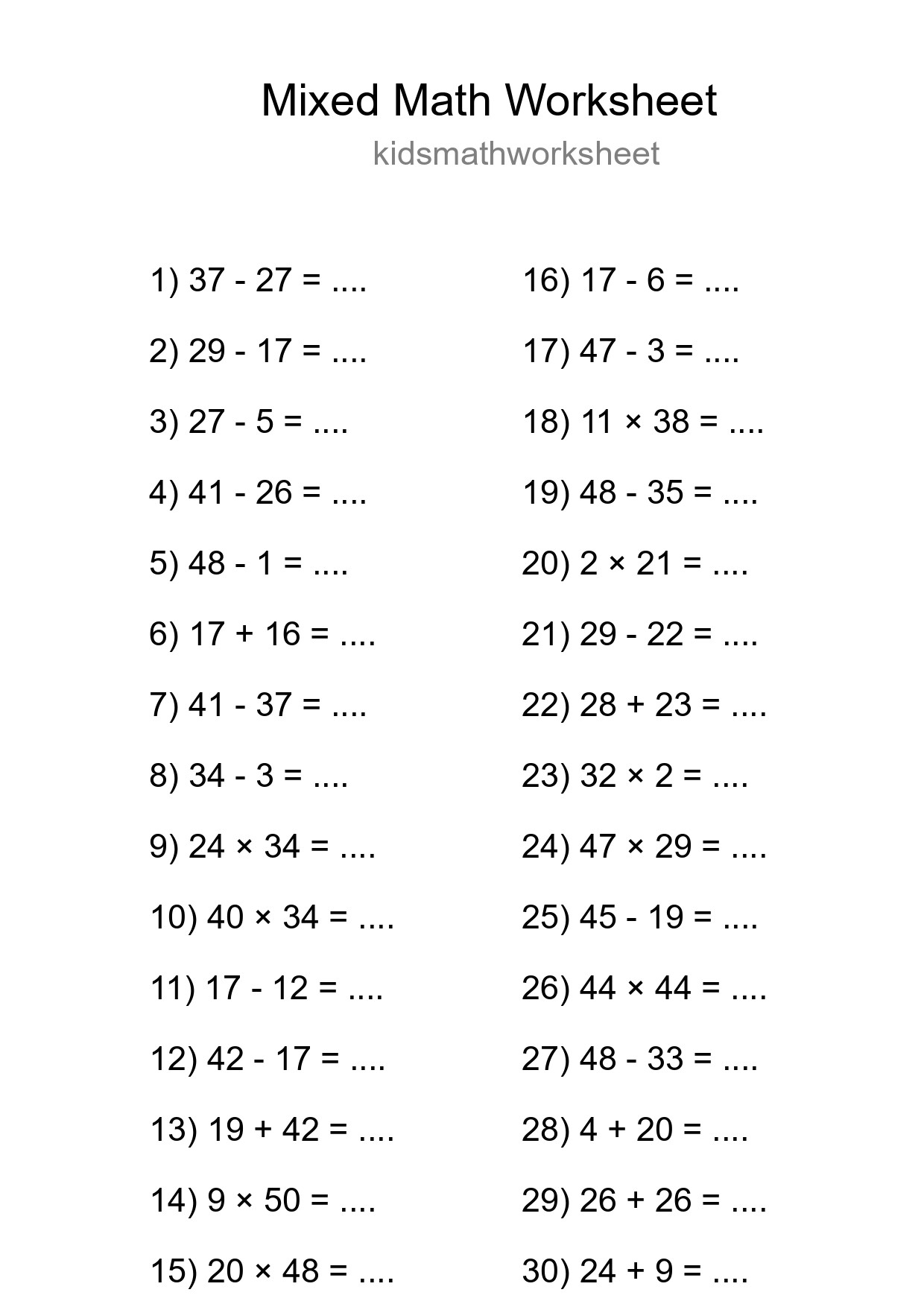 Mixed Operations Math Worksheet