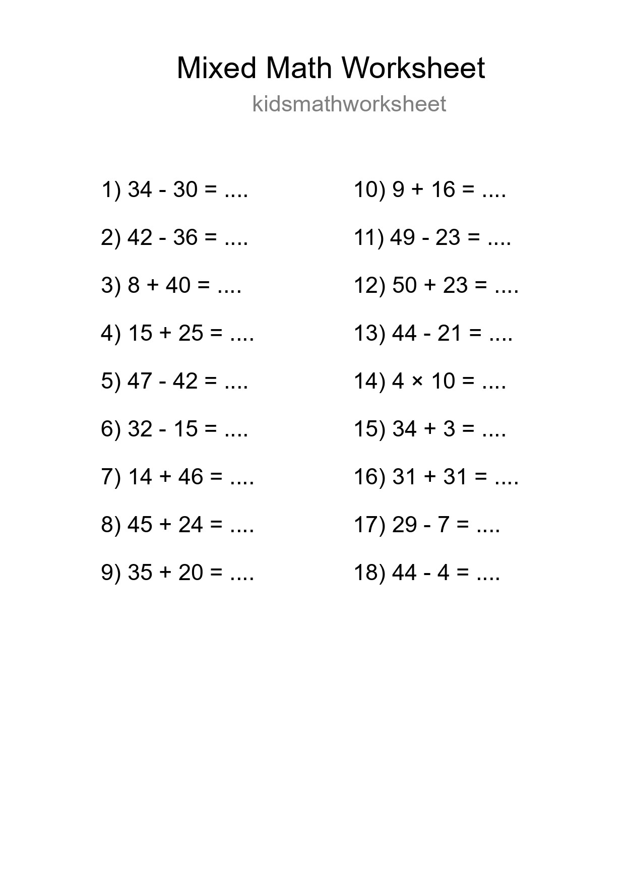 Mixed Operations Math Worksheet