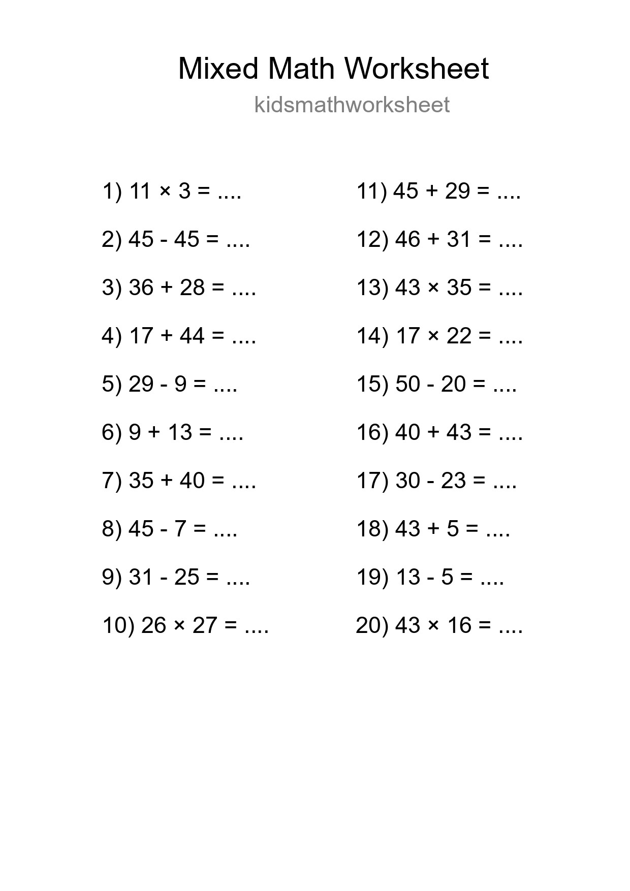 Mixed Operations Math Worksheet