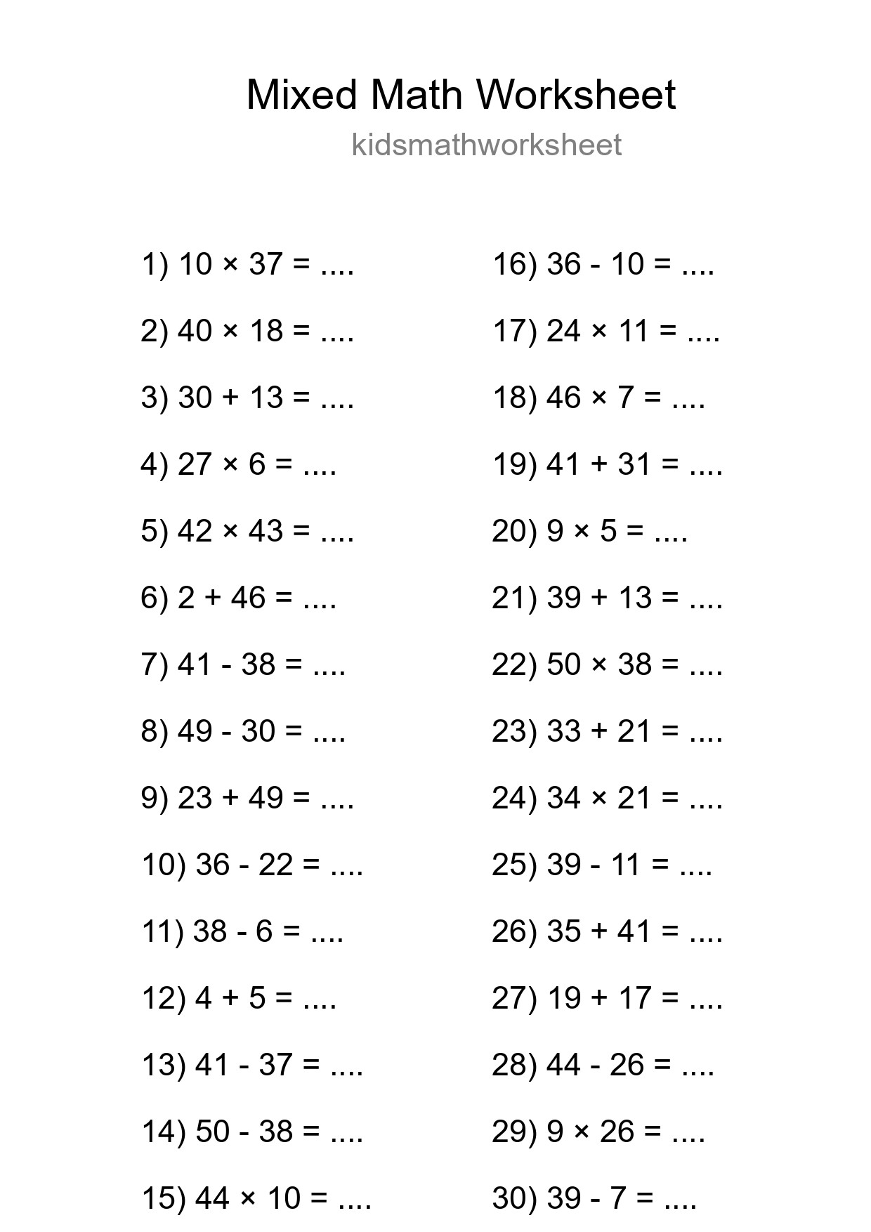 Mixed Operations Math Worksheet