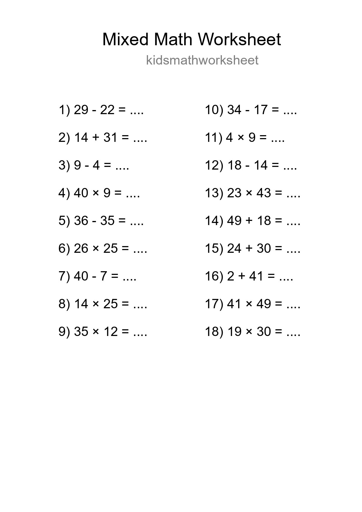 Mixed Operations Math Worksheet