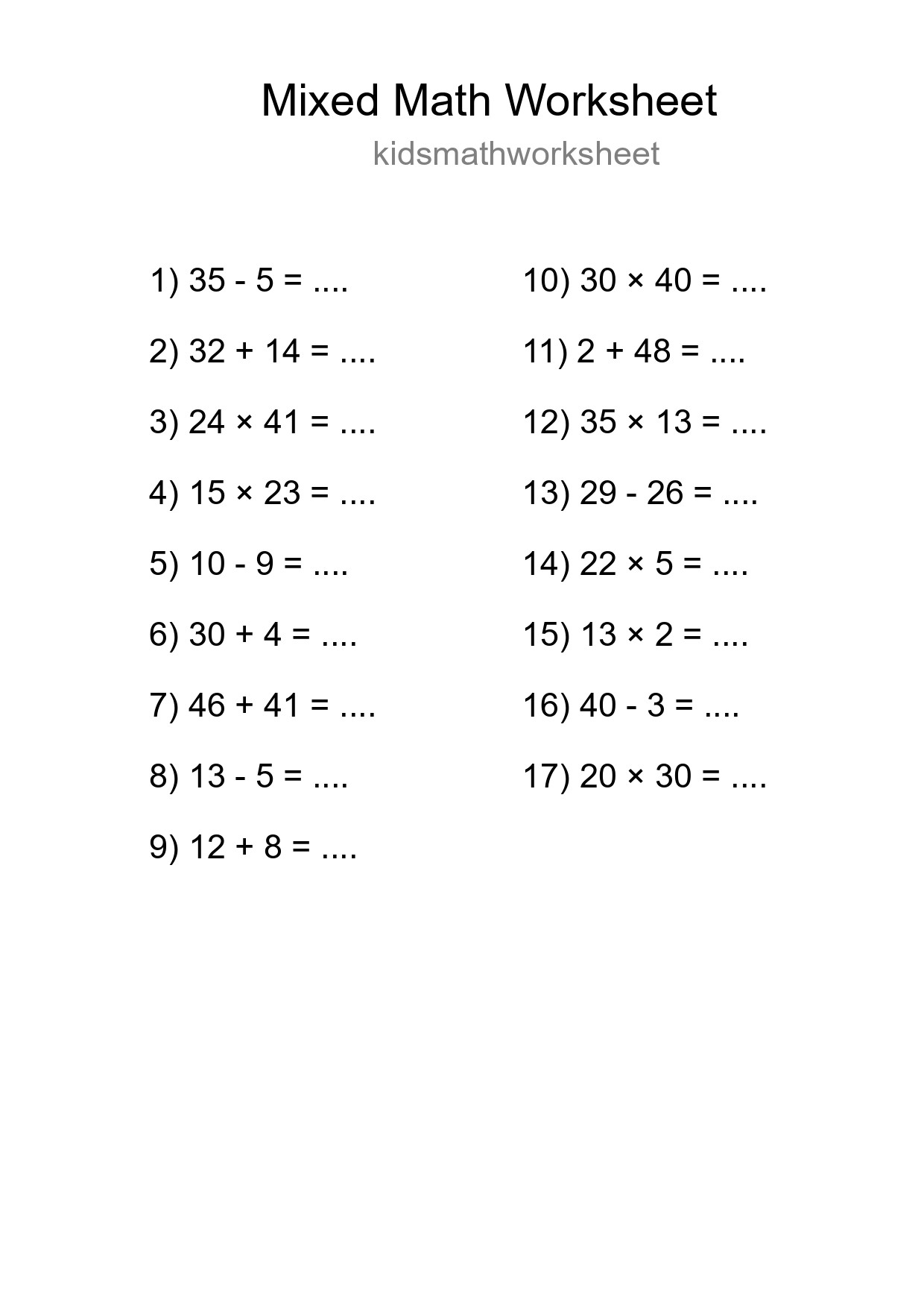 Mixed Operations Math Worksheet