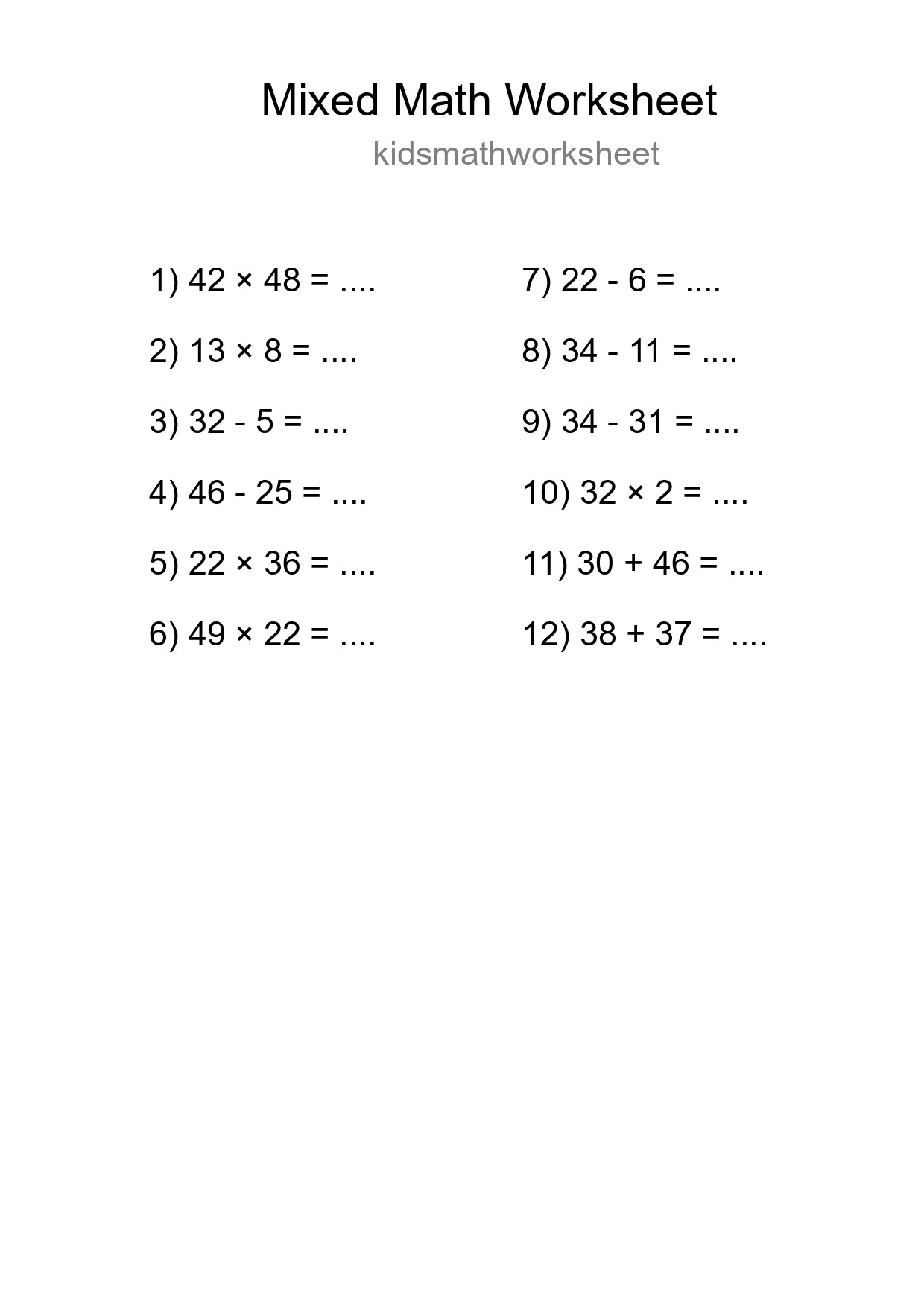 Mixed Operations Math Worksheet
