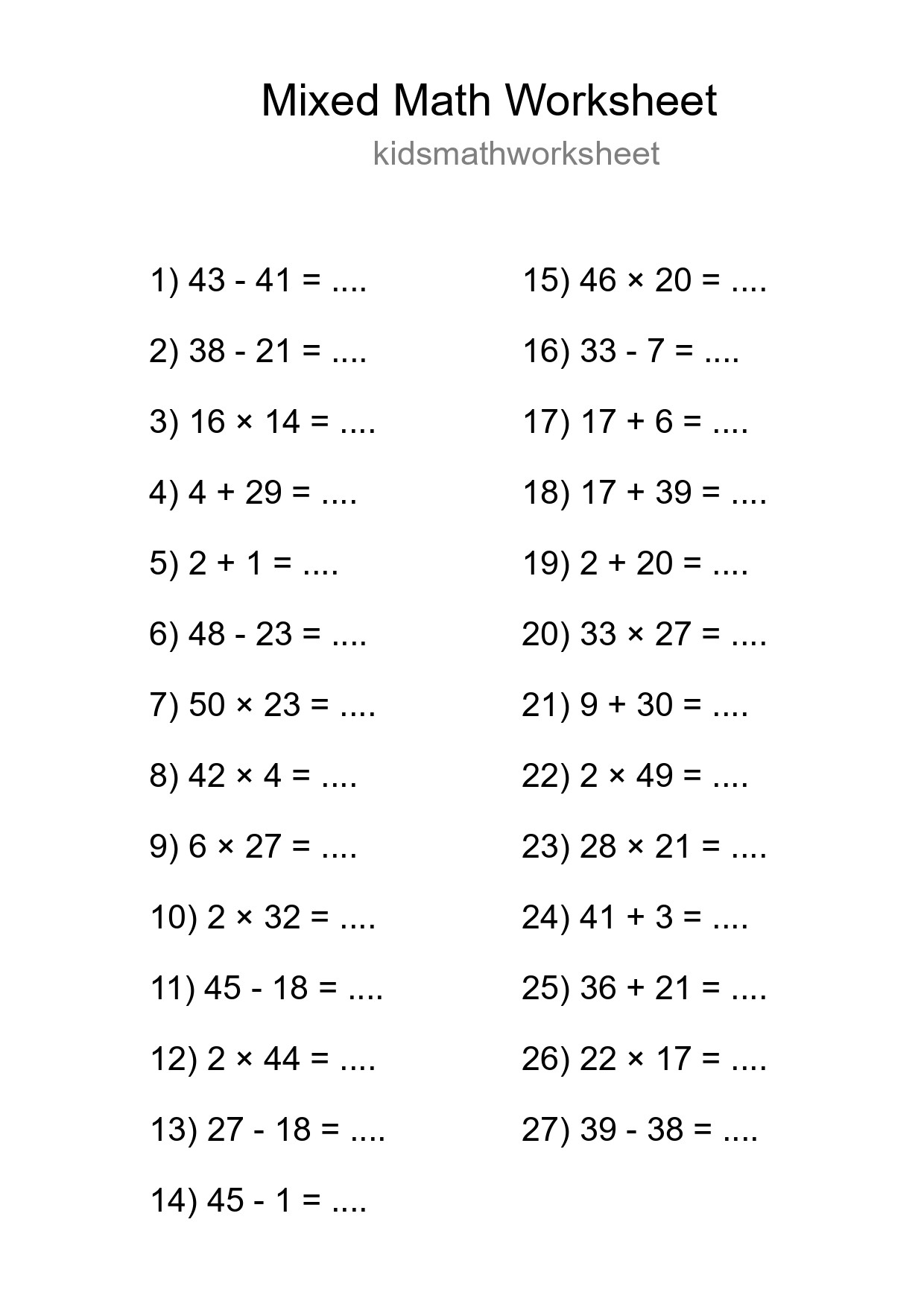 Mixed Operations Math Worksheet