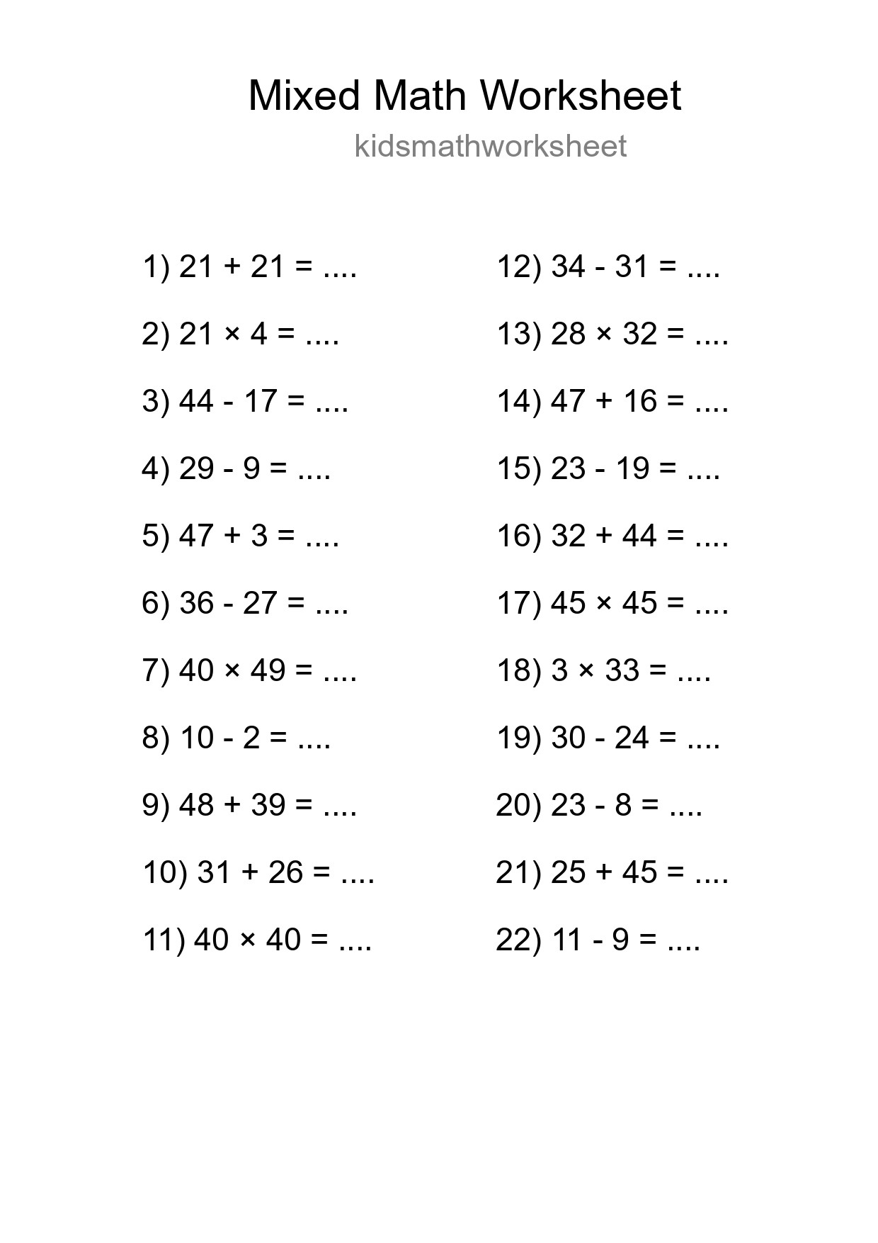 Mixed Operations Math Worksheet